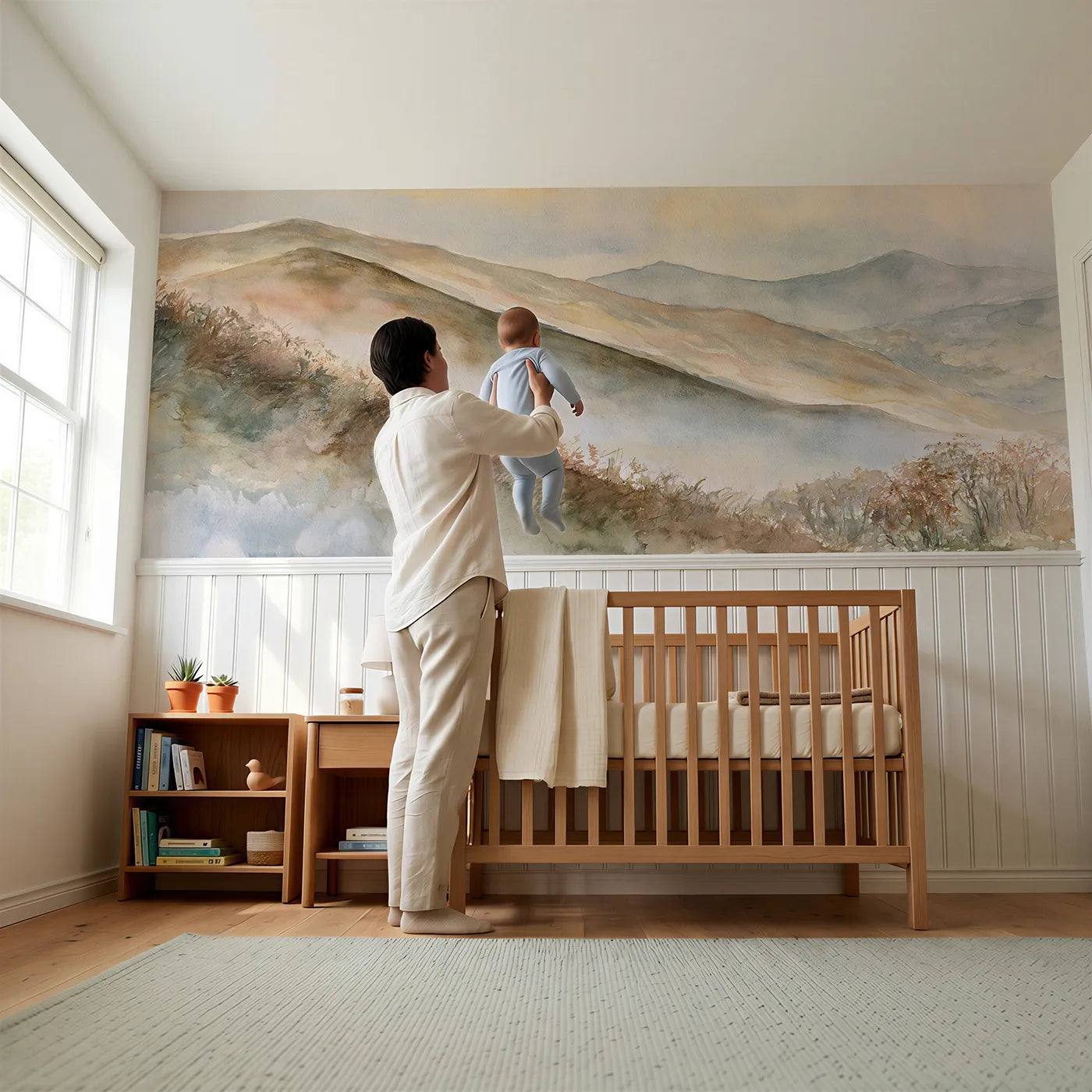 Child reading near The Old Soft Fells Wainscoting Wallpaper by Whimsy Tots