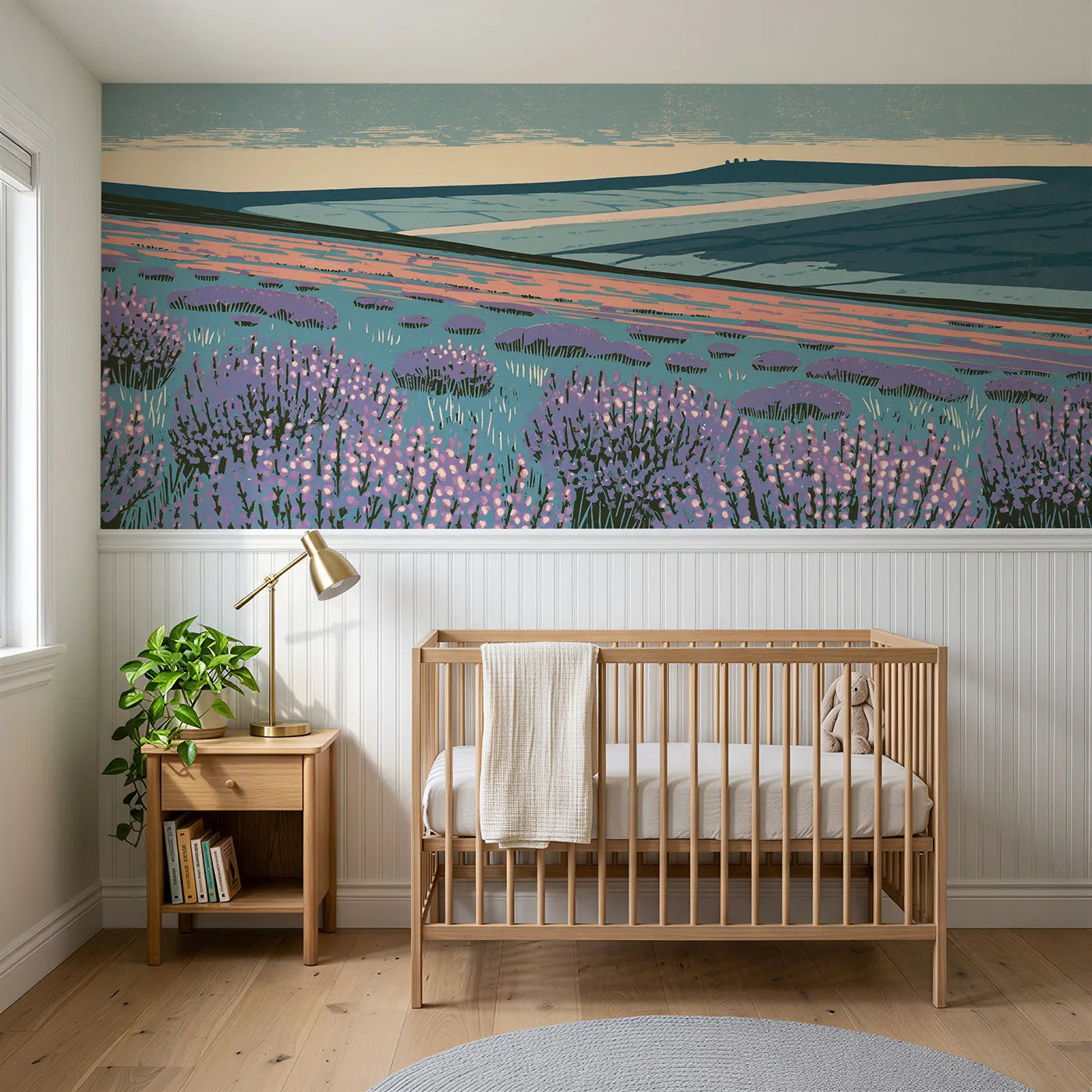 Block print wainscoting wallpaper of heather to the dark rim by Whimsy Tots