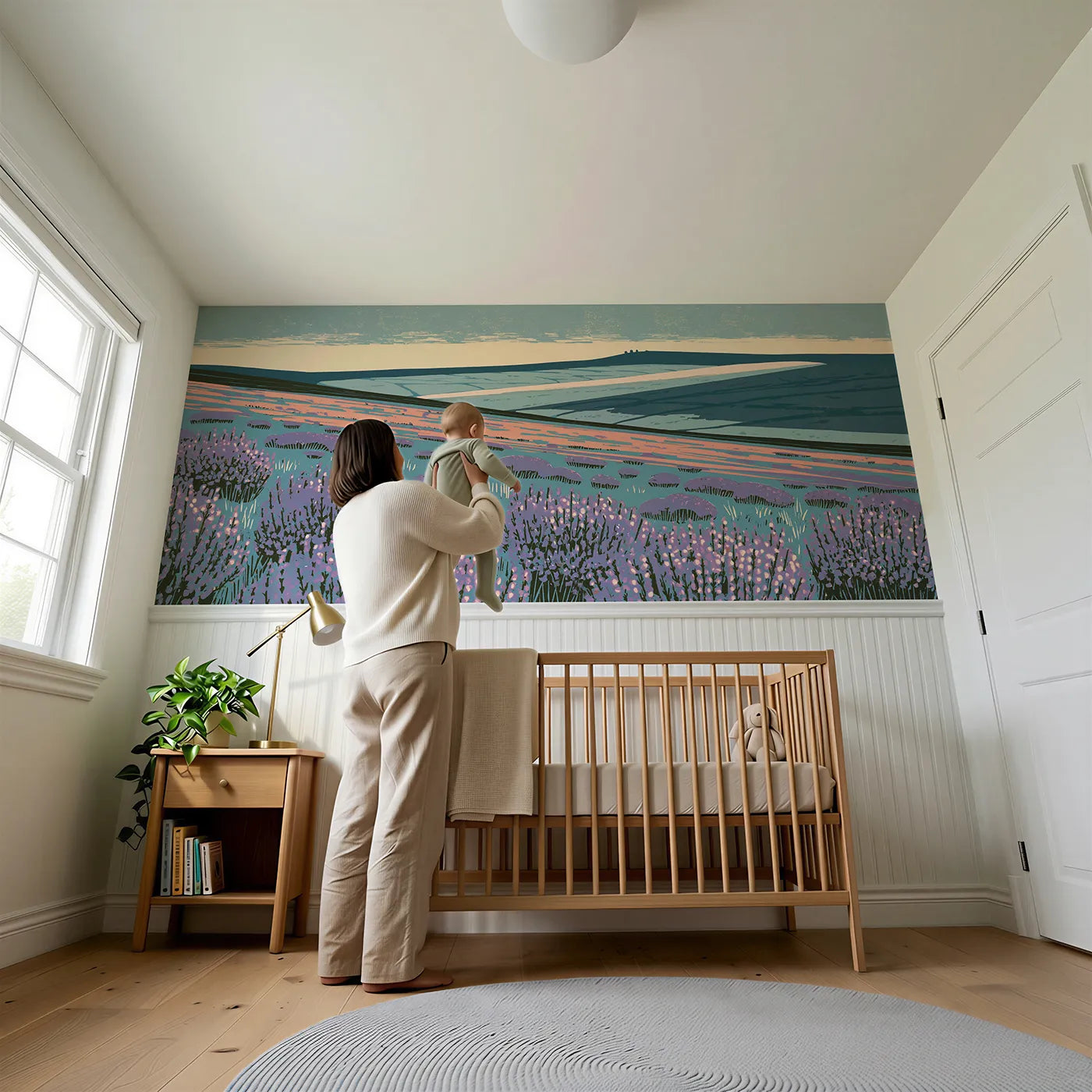 Child reading near Heather To The Dark Rim Wainscoting Wallpaper by Whimsy Tots