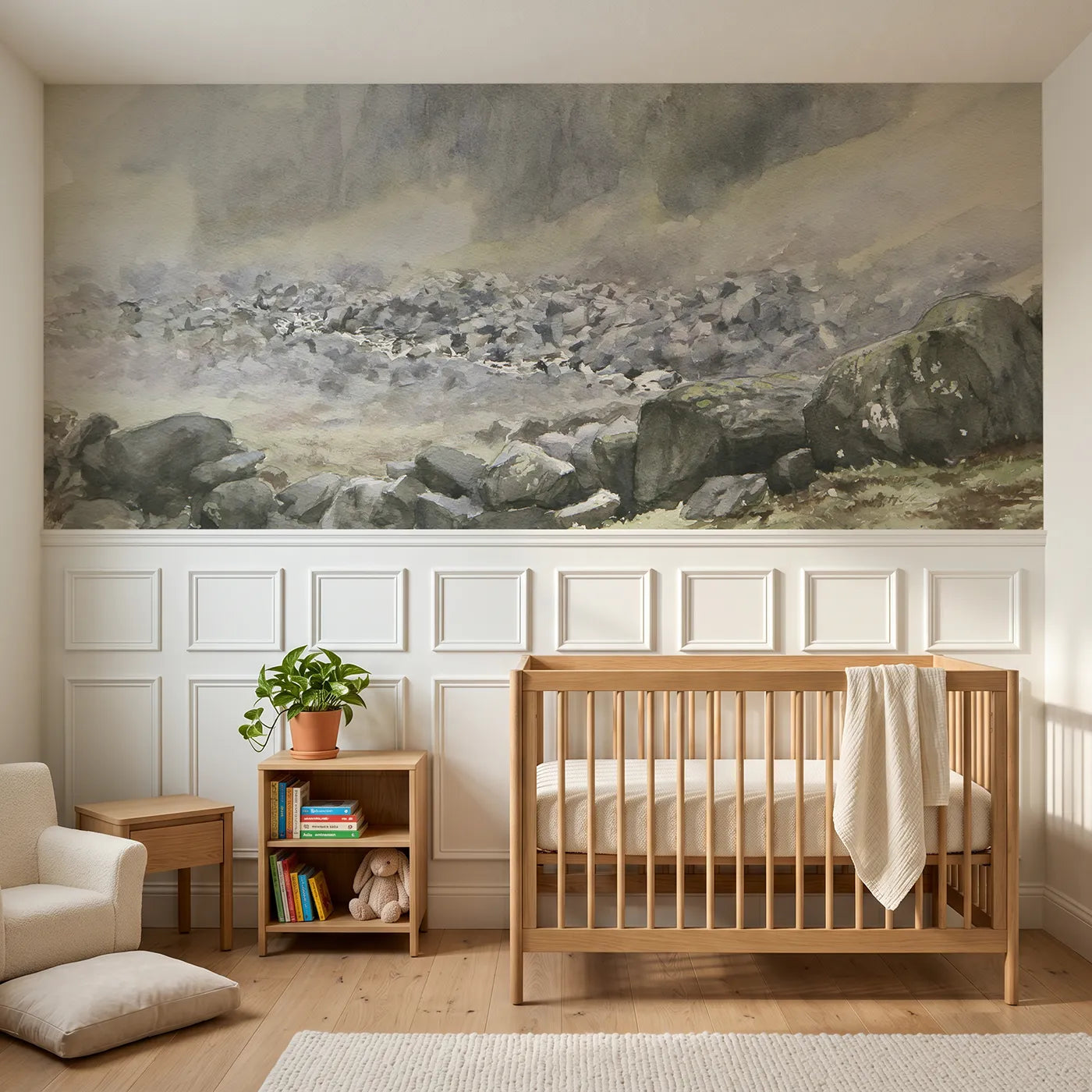 Watercolor wainscoting wallpaper of the gray stone river by Whimsy Tots