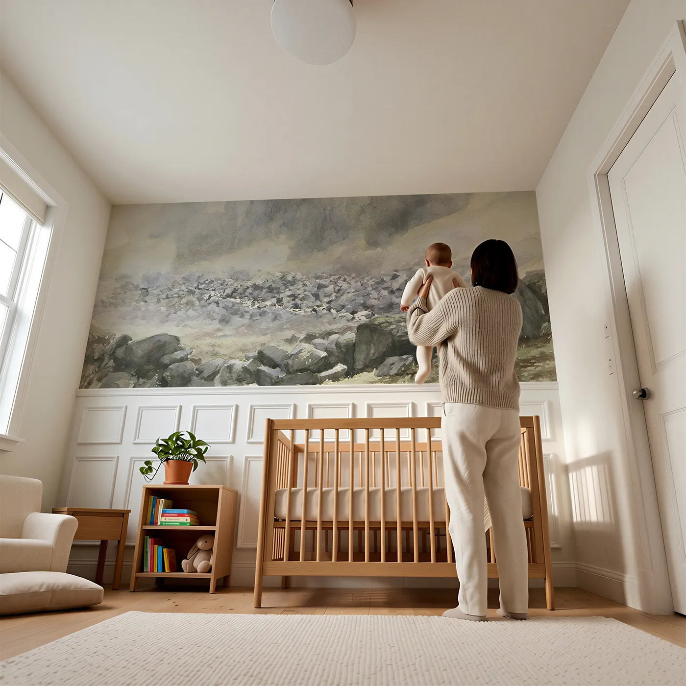 Child reading near The Grey Stone River Wainscoting Wallpaper by Whimsy Tots