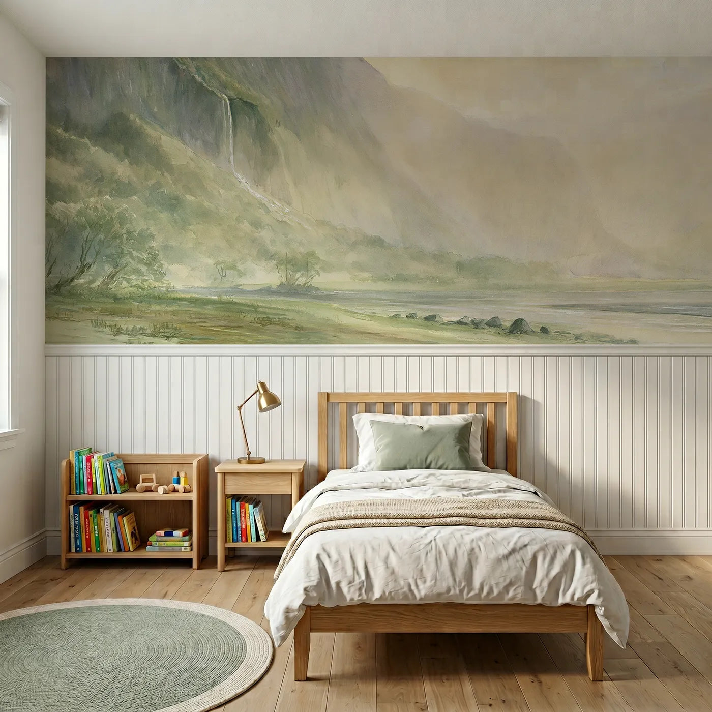 Watercolor wainscoting wallpaper of the hanging valley thread by Whimsy Tots