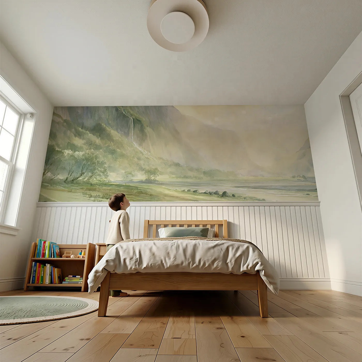 Child reading near The Hanging Valley Thread Wainscoting Wallpaper by Whimsy Tots