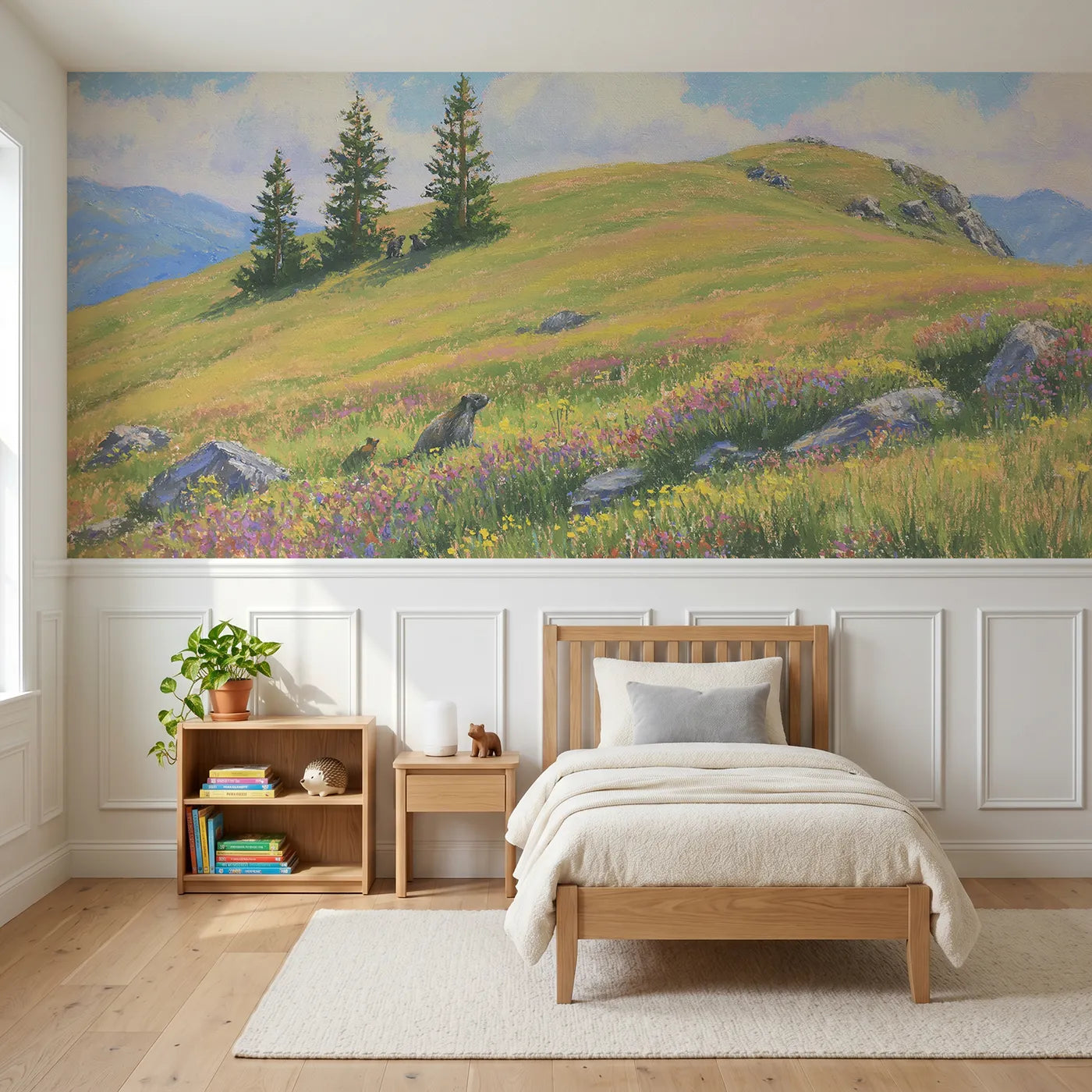 Colored pencil wainscoting wallpaper of three pines on the shoulder by Whimsy Tots