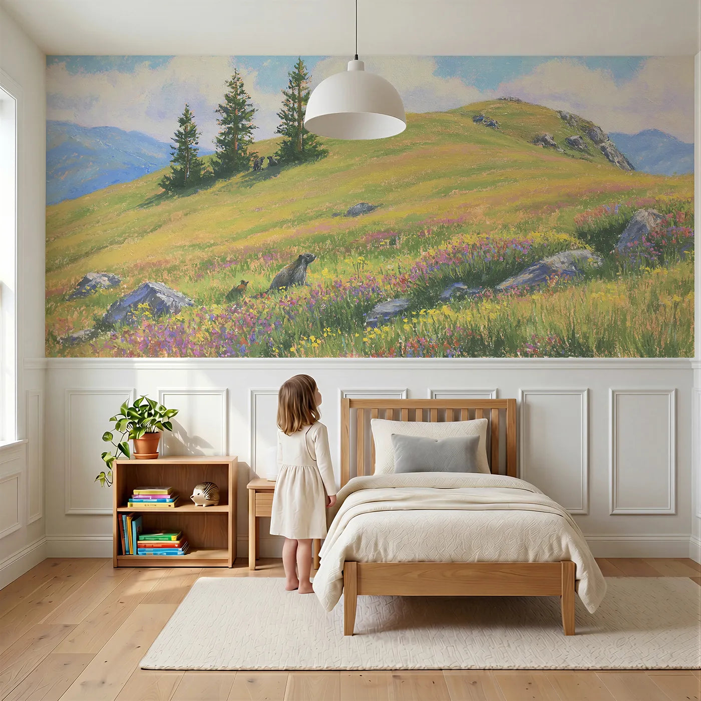 Child reading near Three Pines On The Shoulder Wainscoting Wallpaper by Whimsy Tots