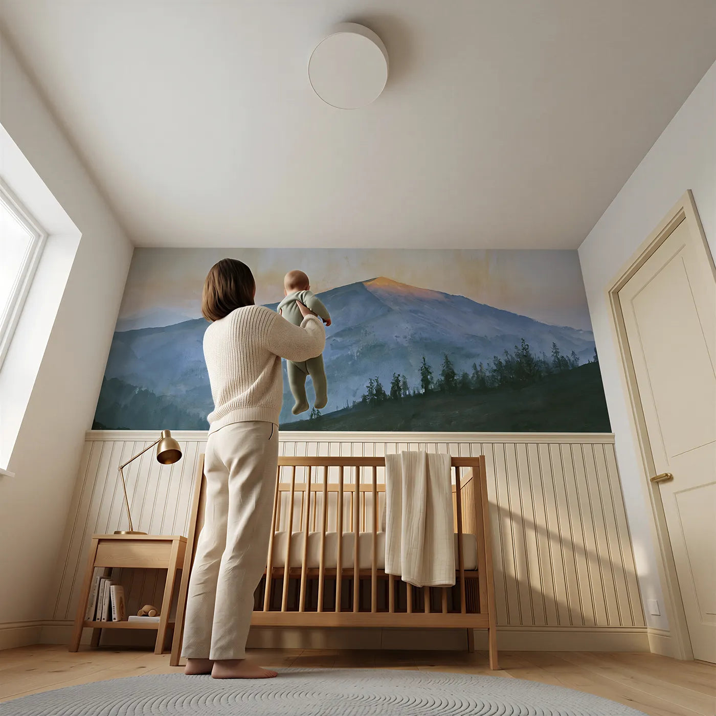 Child reading near The Summit Catches It First Wainscoting Wallpaper by Whimsy Tots