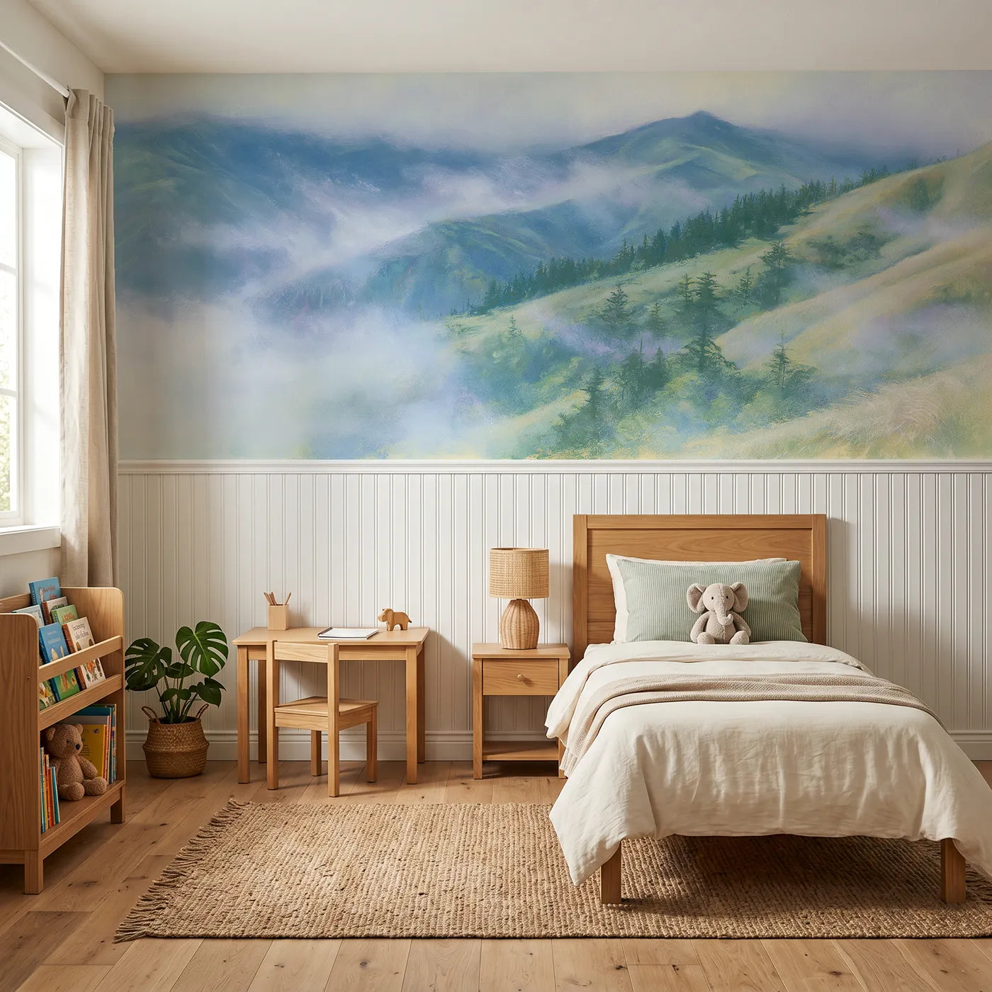 Soft pastel wainscoting wallpaper of peaks in cloud by Whimsy Tots