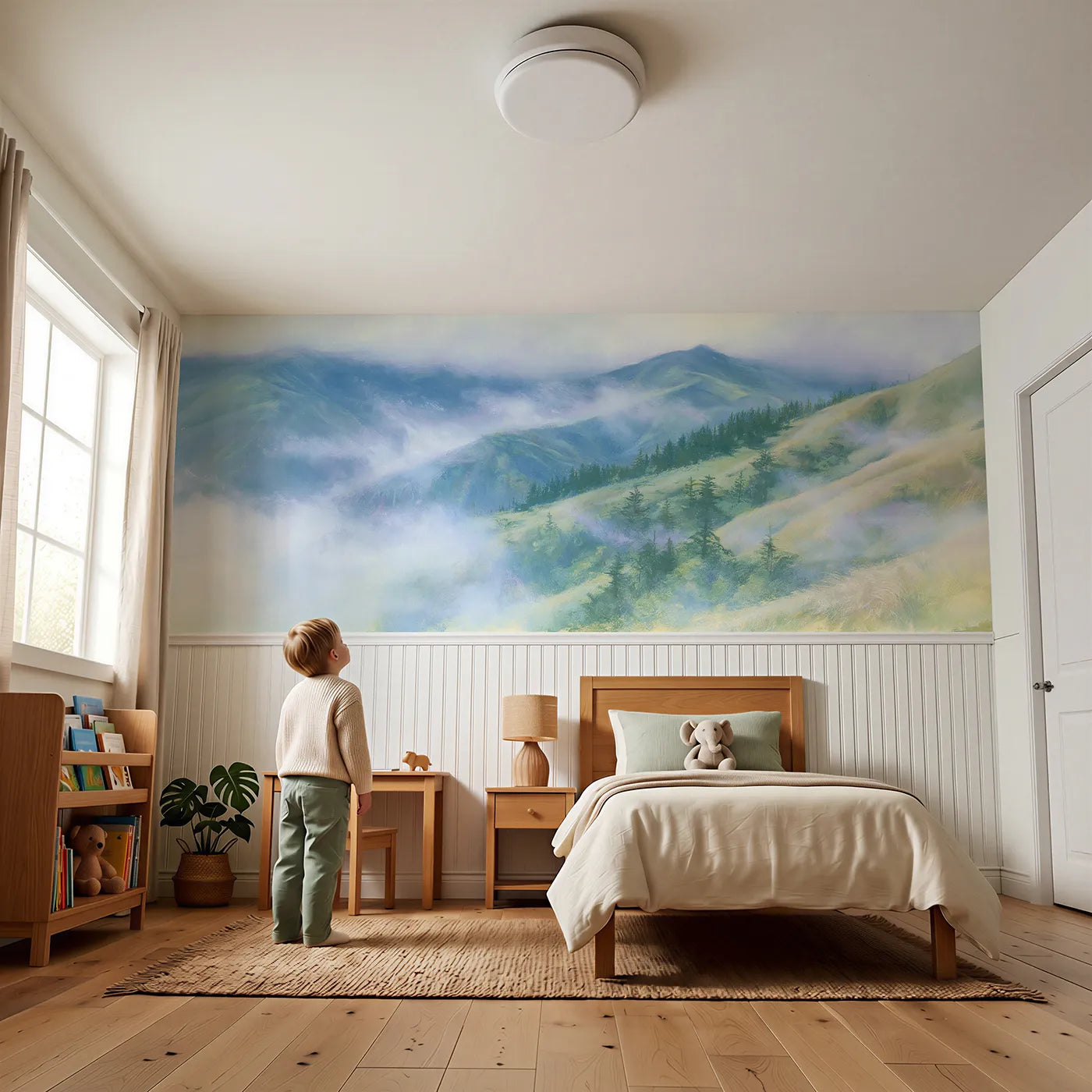 Child reading near Peaks In Cloud Wainscoting Wallpaper by Whimsy Tots