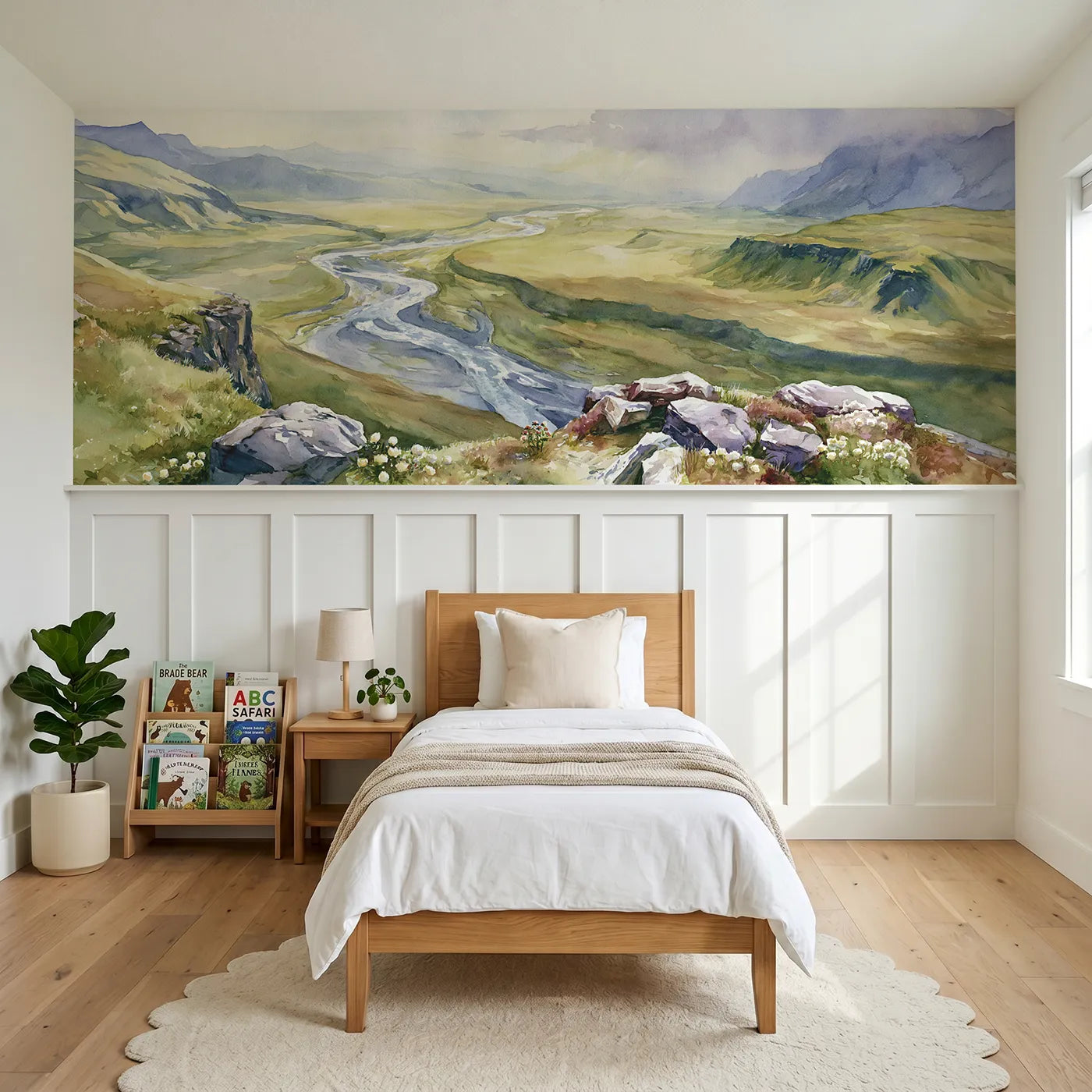 Watercolor wainscoting wallpaper of the braided river below by Whimsy Tots