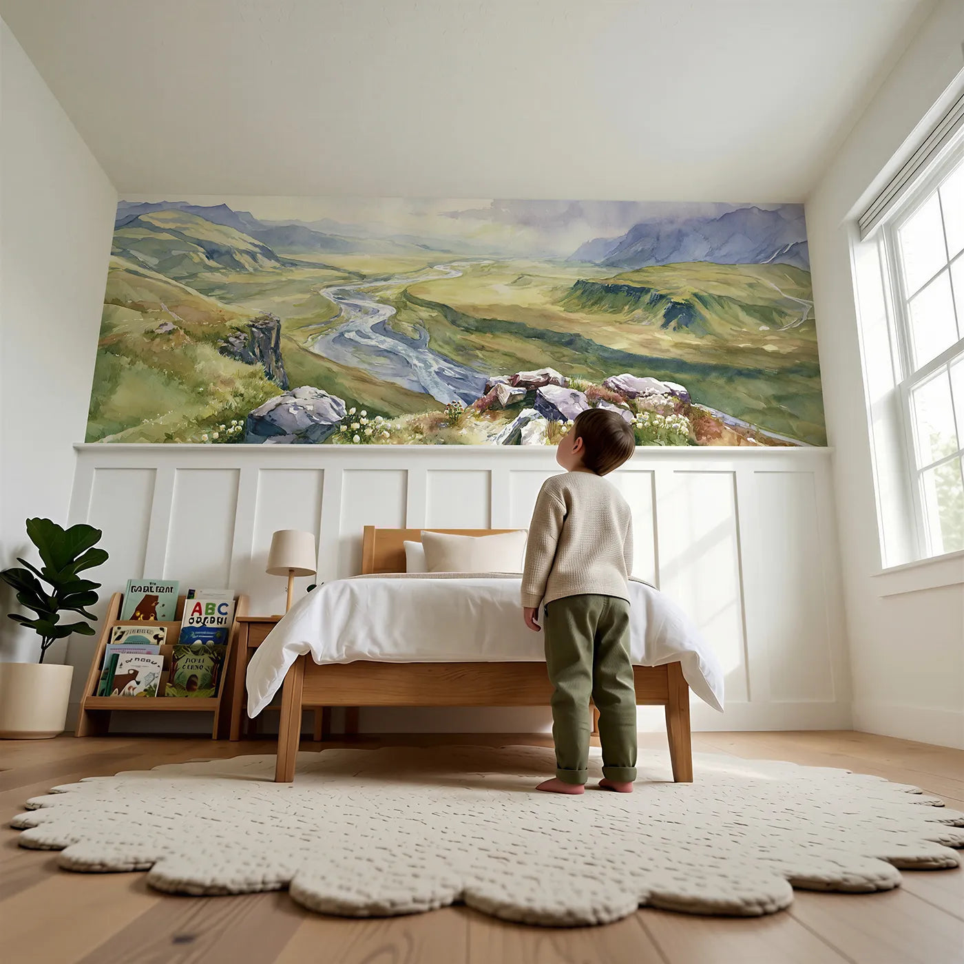 Child reading near The Braided River Below Wainscoting Wallpaper by Whimsy Tots