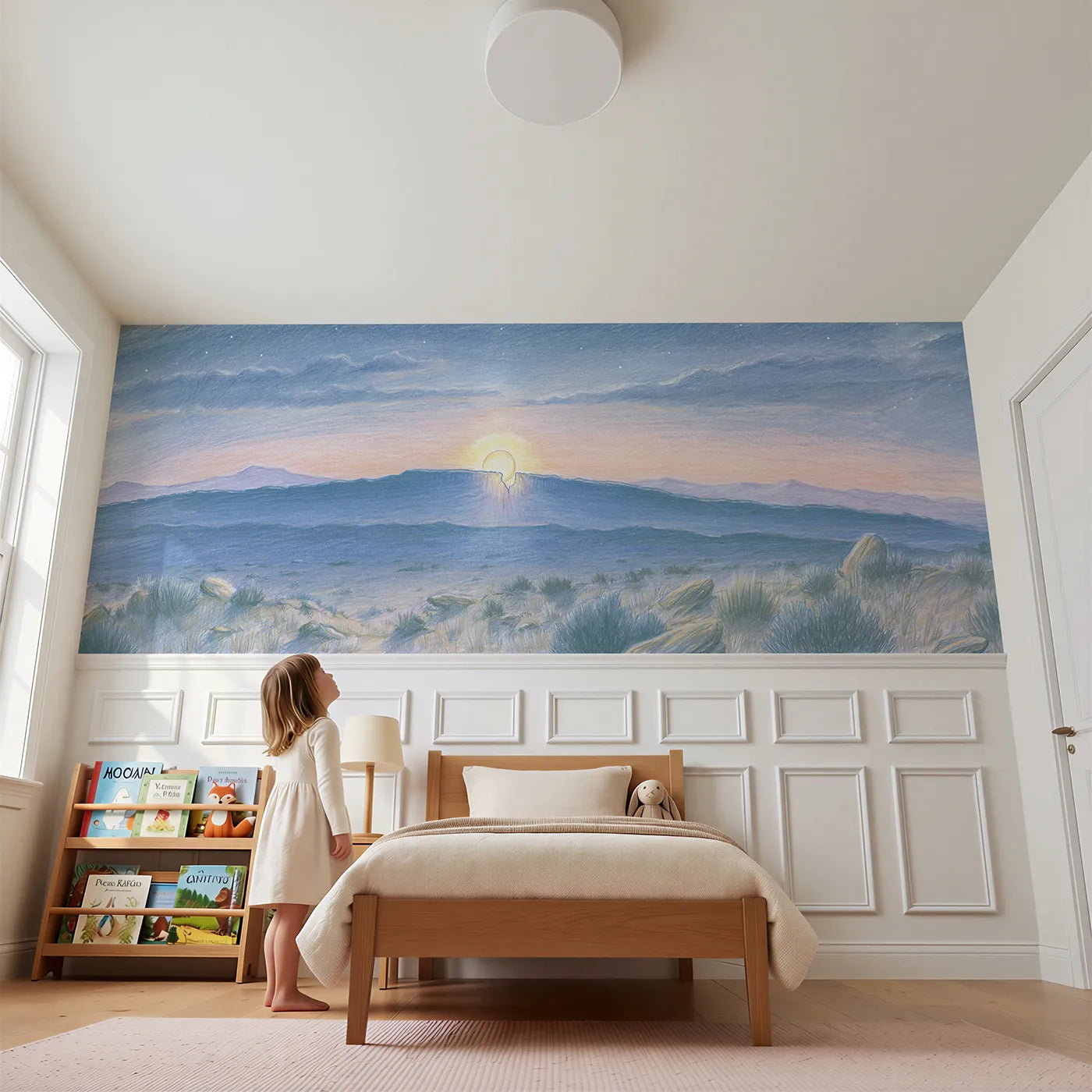 Child reading near One Notch Bright Wainscoting Wallpaper by Whimsy Tots