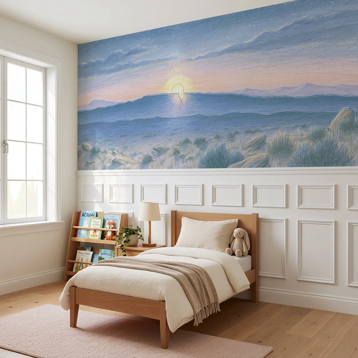 One Notch Bright Wainscoting Wallpaper styled in a kids room by Whimsy Tots