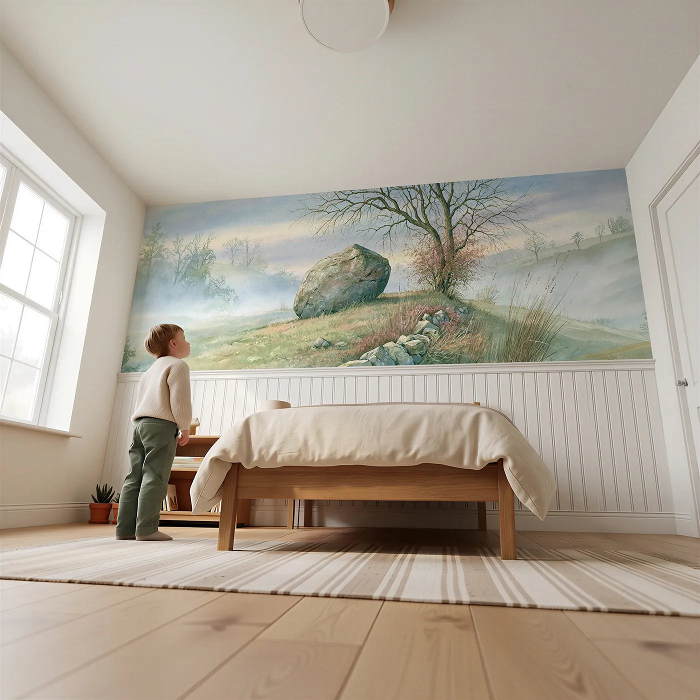 Child reading near The Lost Boulder Wainscoting Wallpaper by Whimsy Tots