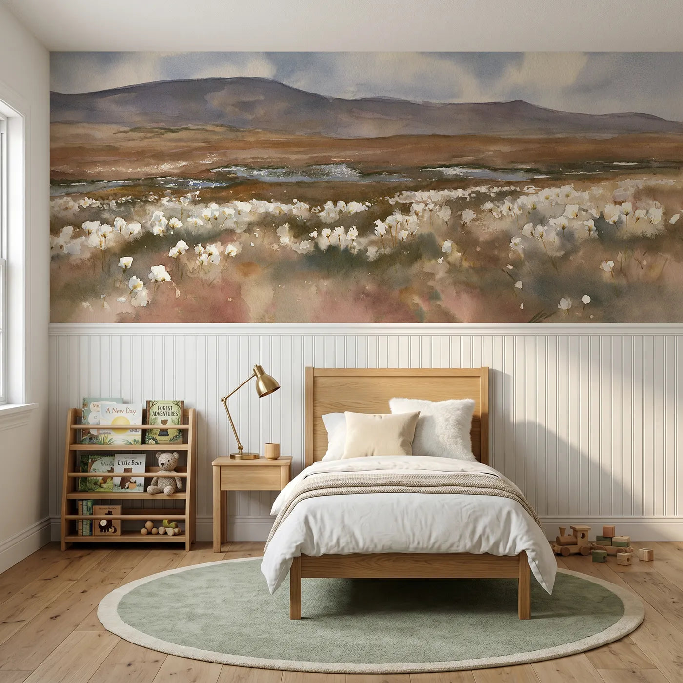 Watercolor wainscoting wallpaper of bog cotton nodding by Whimsy Tots