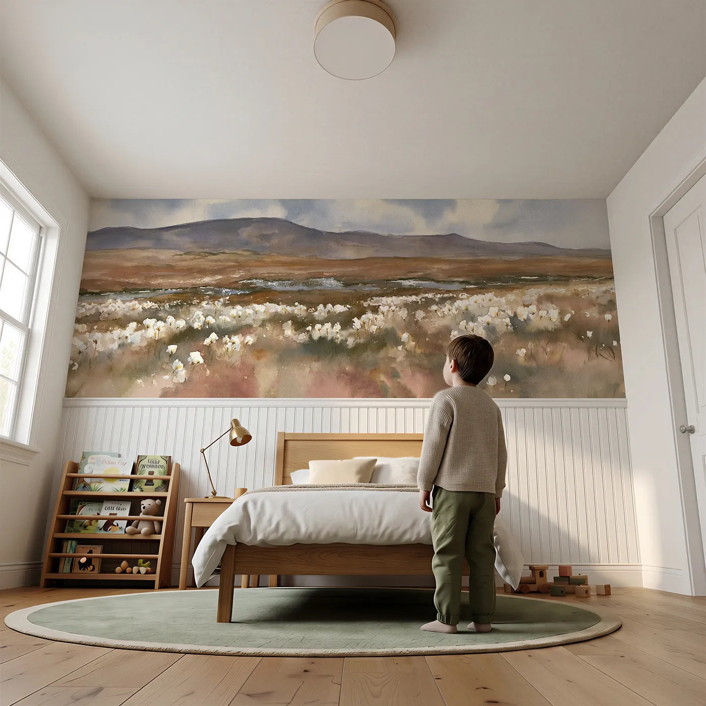 Child reading near Bog Cotton Nodding Wainscoting Wallpaper by Whimsy Tots