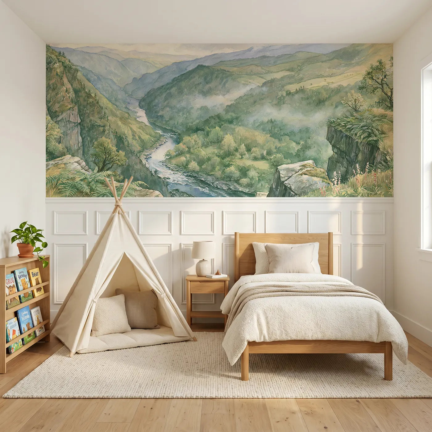 Storybook wainscoting wallpaper of the gorge from the rim by Whimsy Tots
