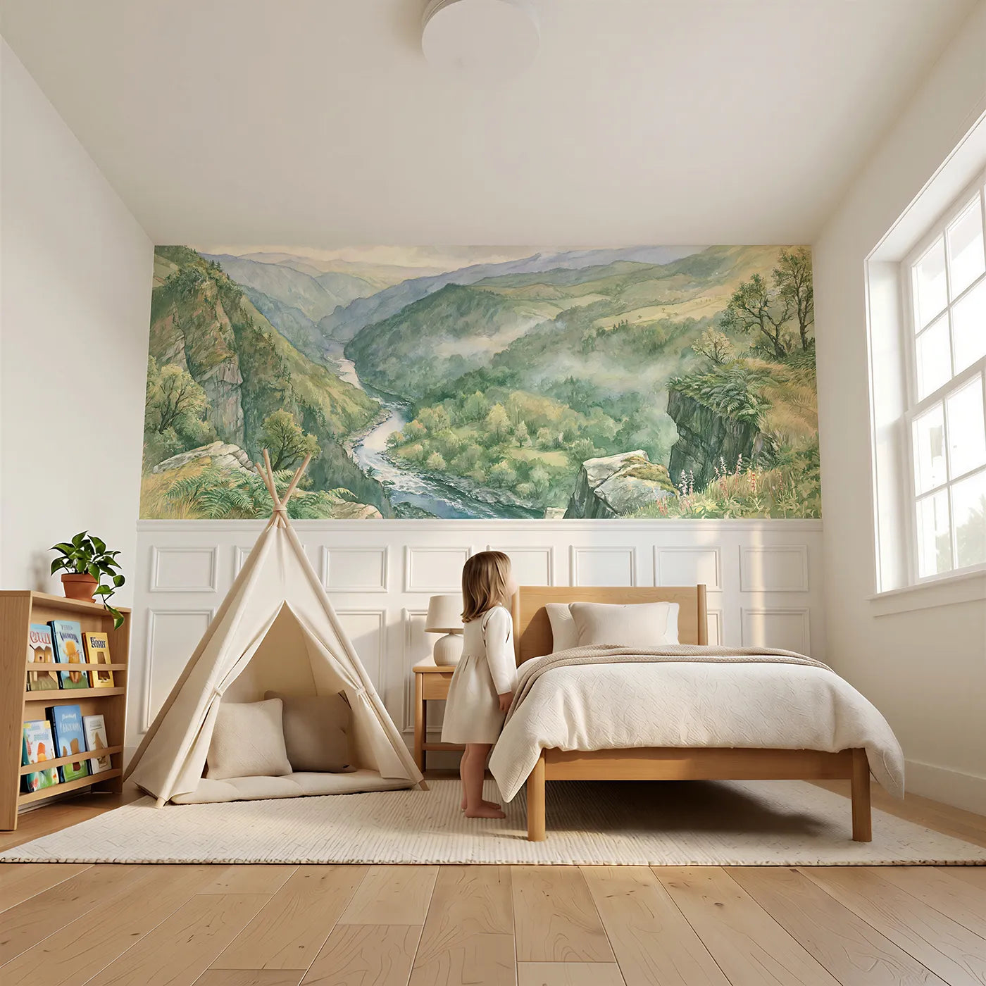 Child reading near The Gorge From The Rim Wainscoting Wallpaper by Whimsy Tots