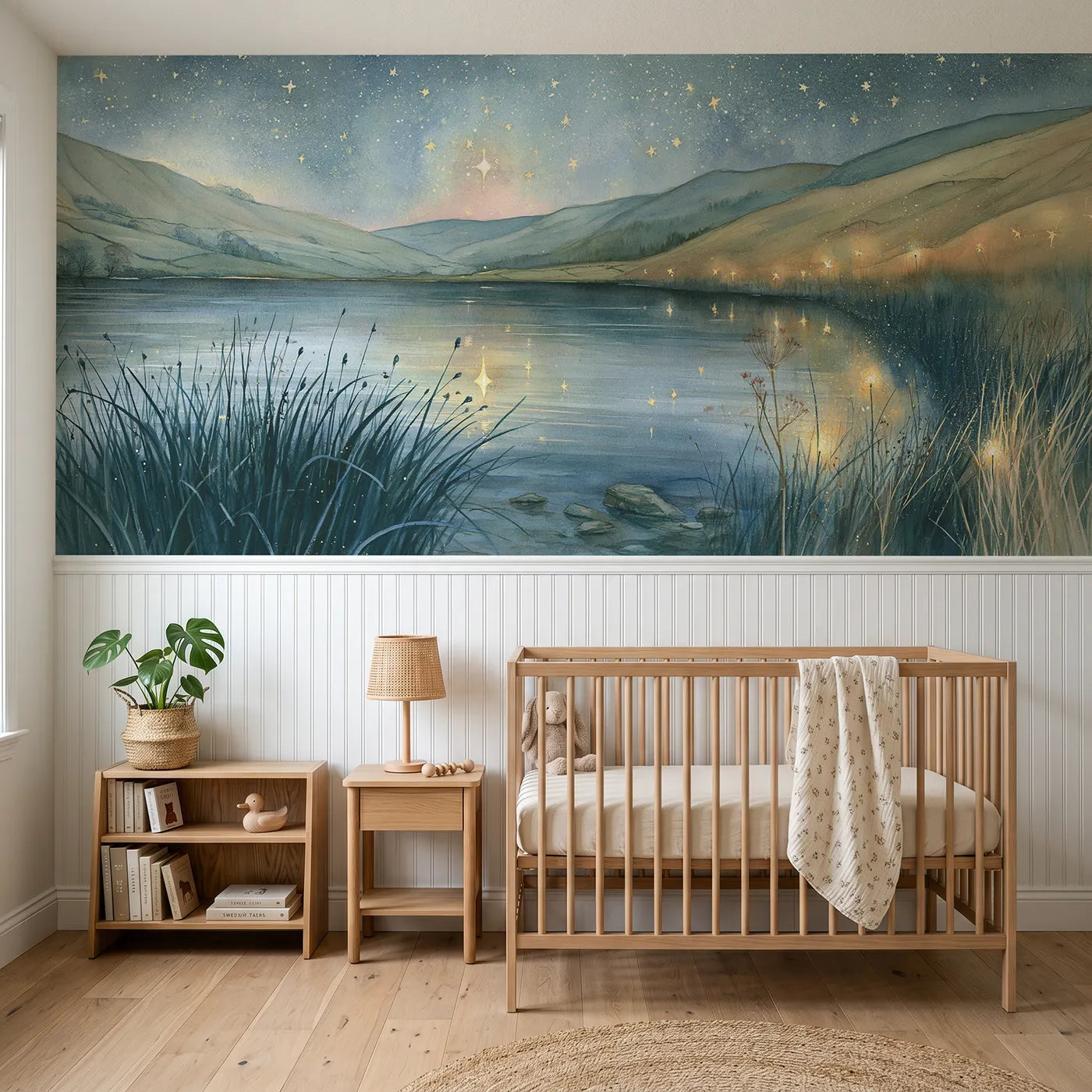 Storybook wainscoting wallpaper of early stars in the tarn by Whimsy Tots