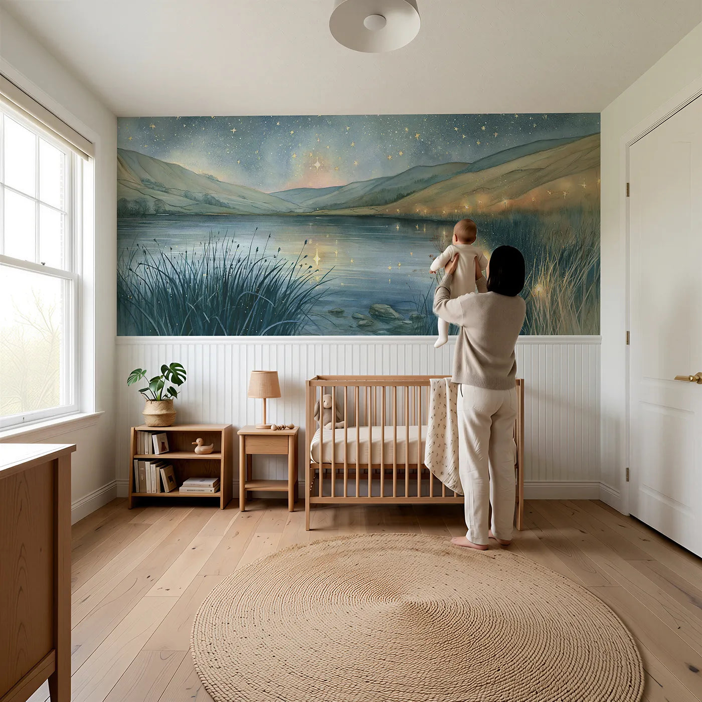 Child reading near Early Stars In The Tarn Wainscoting Wallpaper by Whimsy Tots