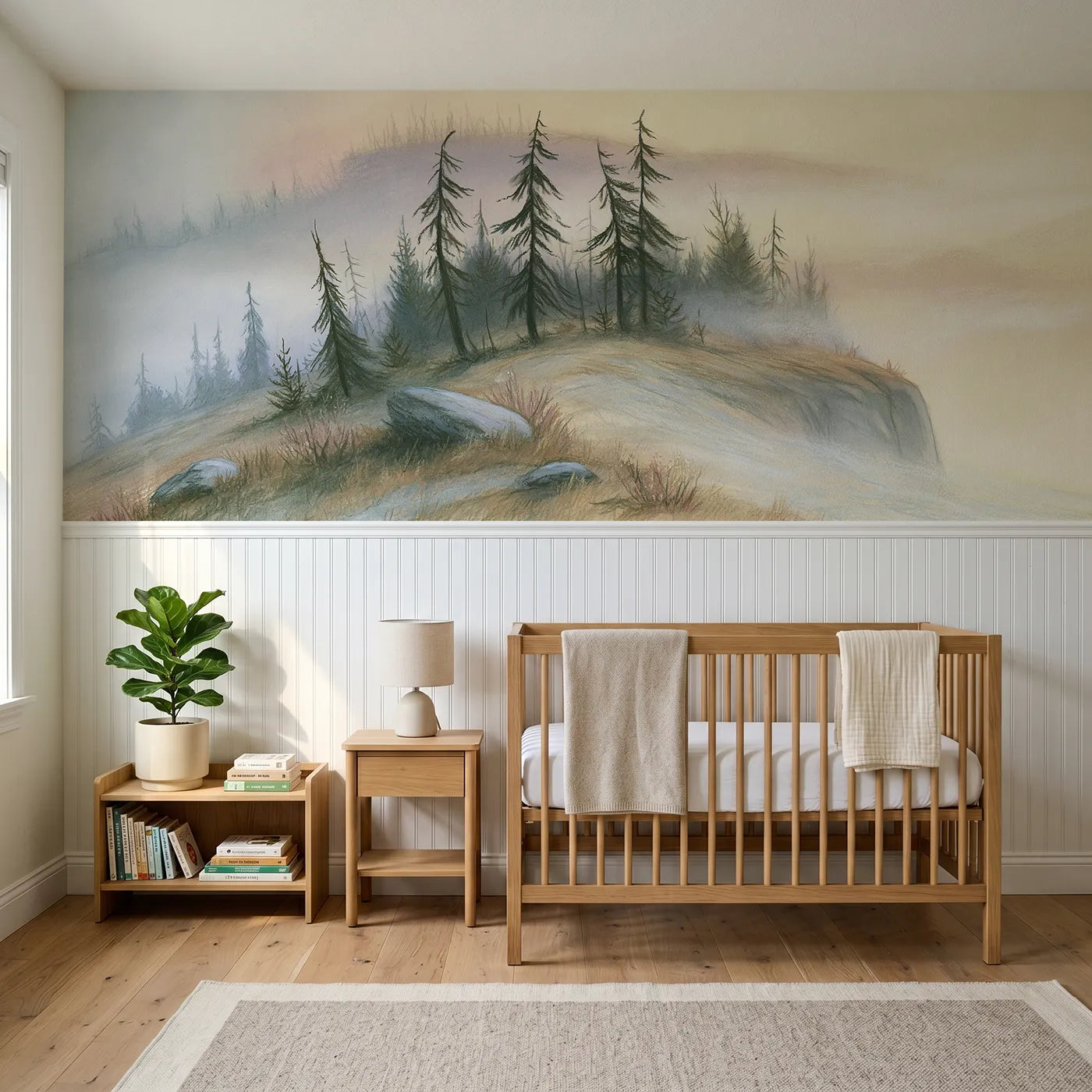 Colored pencil wainscoting wallpaper of pines bent by old winds by Whimsy Tots