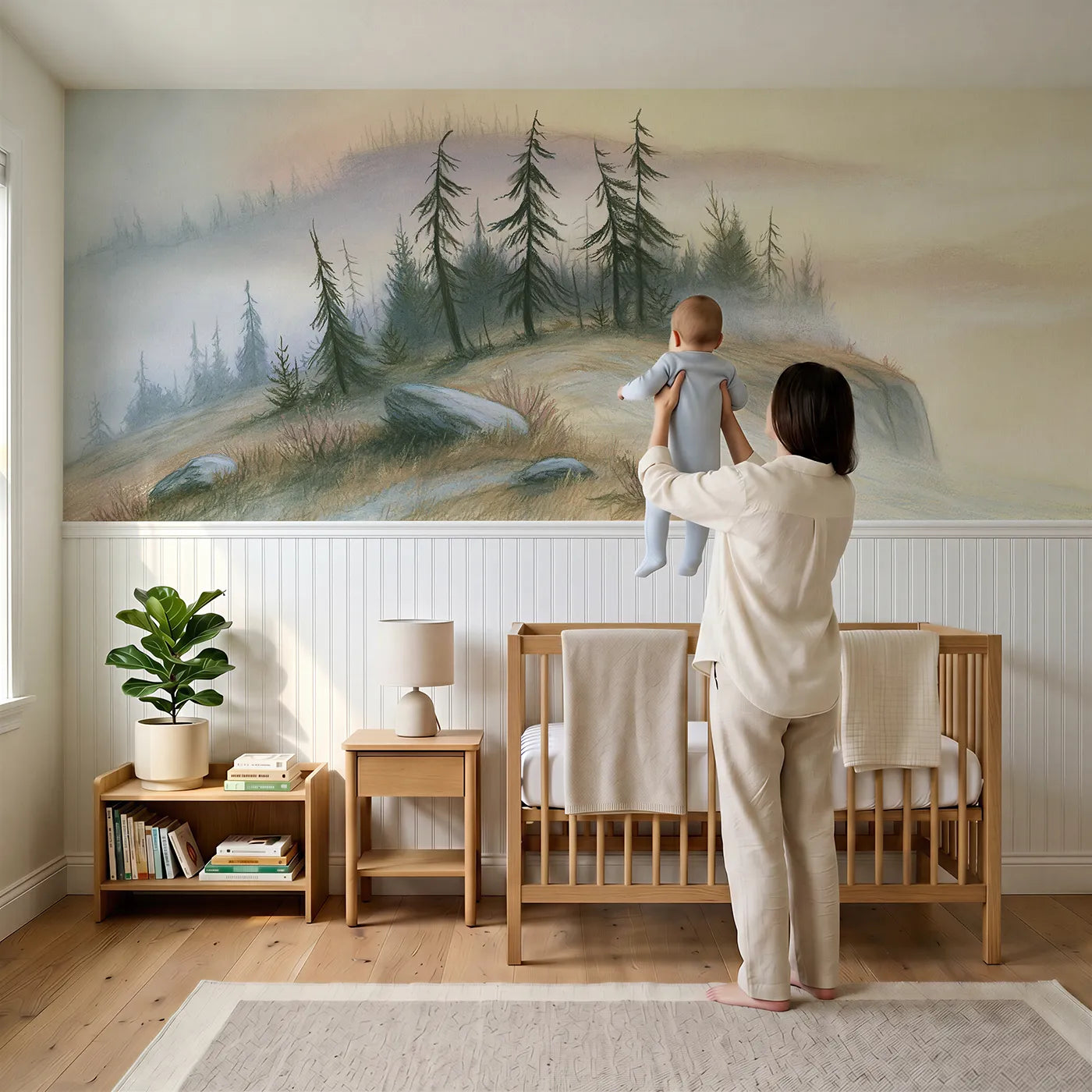 Child reading near Pines Bent By Old Winds Wainscoting Wallpaper by Whimsy Tots
