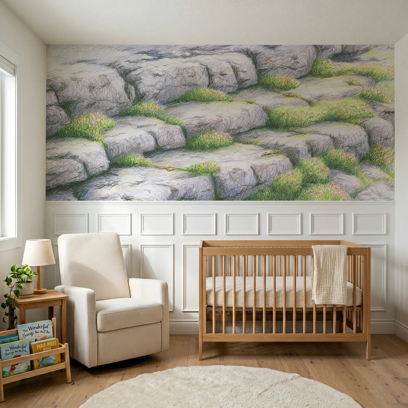 Colored pencil wainscoting wallpaper of the crag up close by Whimsy Tots