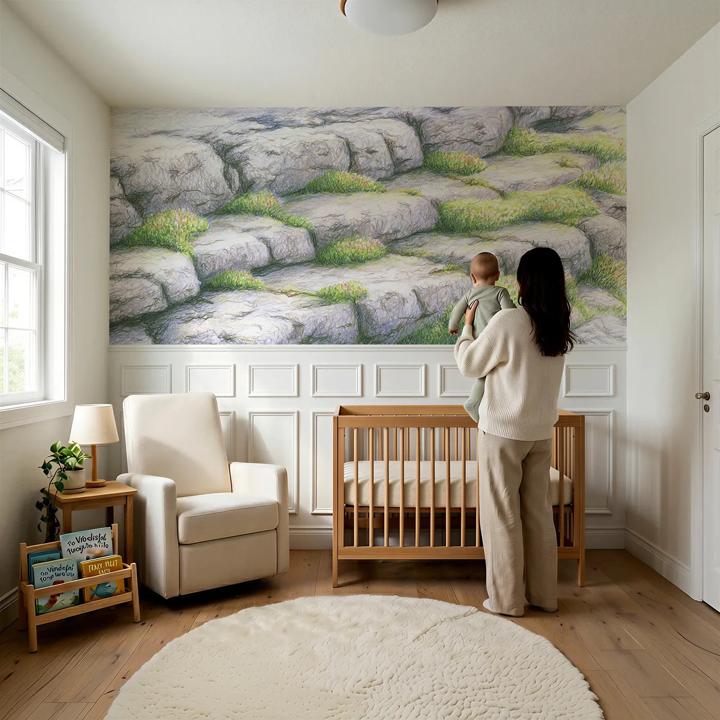 Child reading near The Crag Up Close Wainscoting Wallpaper by Whimsy Tots