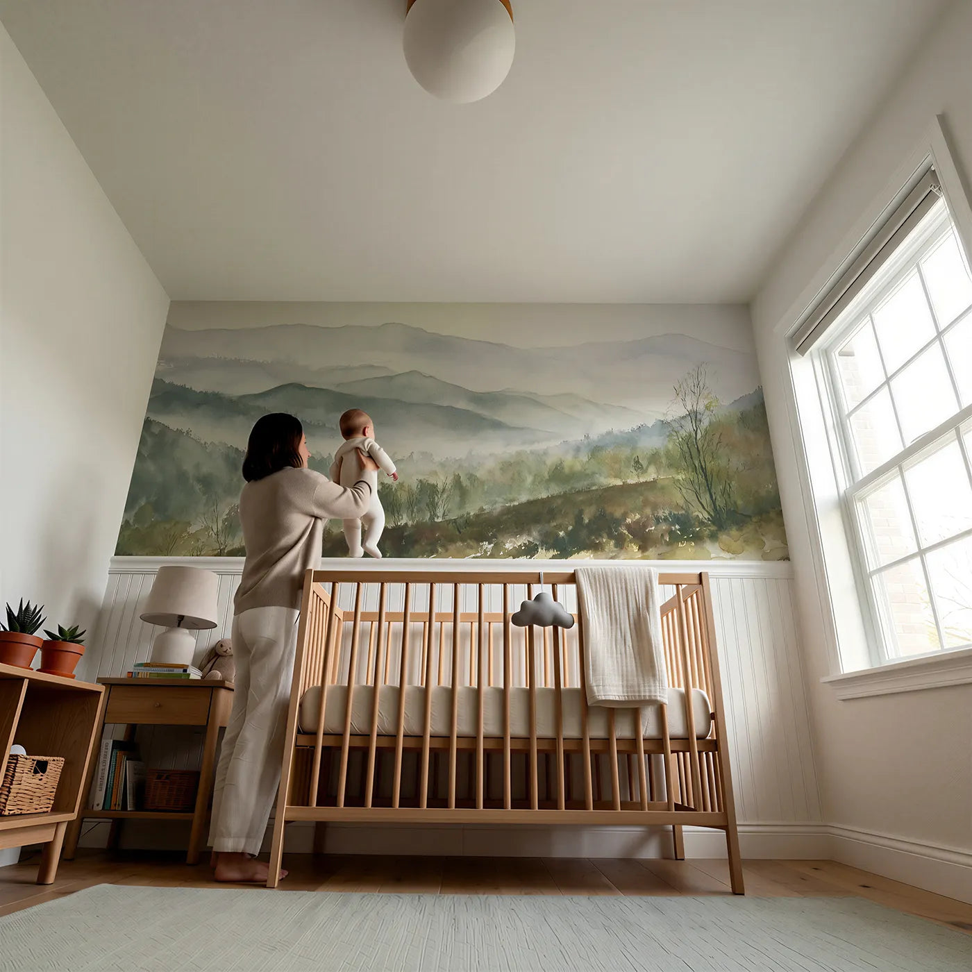 Child reading near The Foothill Folds Wainscoting Wallpaper by Whimsy Tots