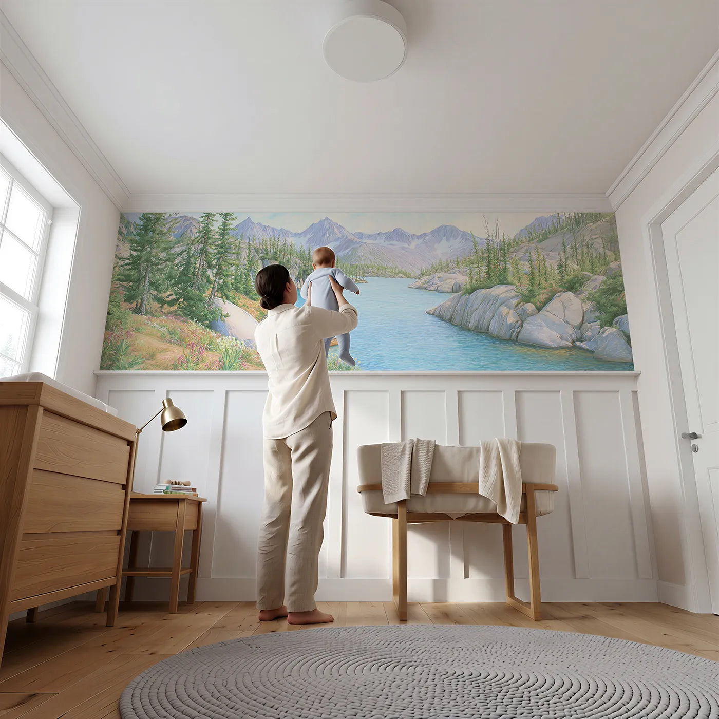 Child reading near The Turquoise Tarn Wainscoting Wallpaper by Whimsy Tots