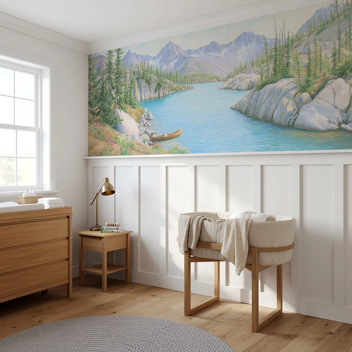 The Turquoise Tarn Wainscoting Wallpaper styled in a kids room by Whimsy Tots