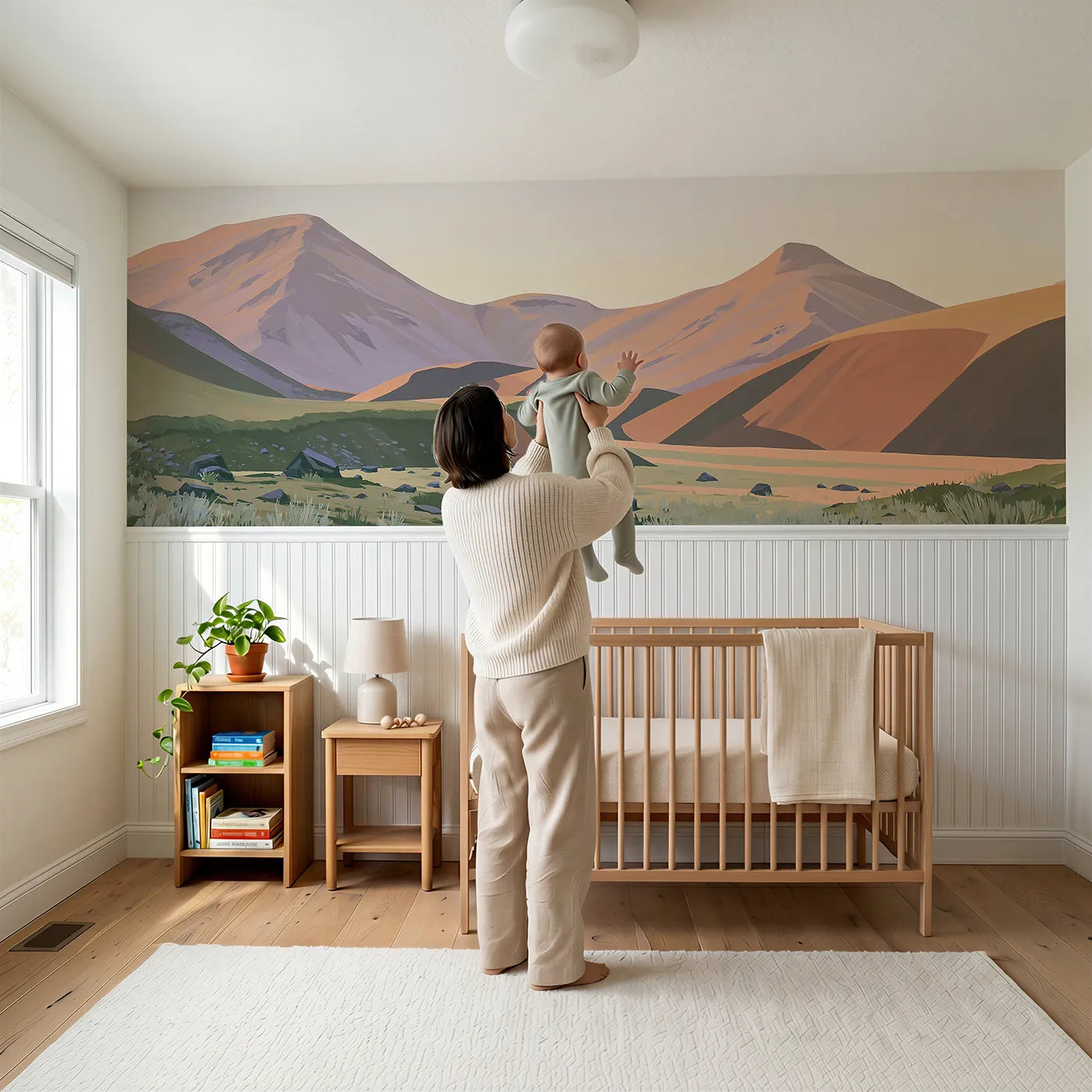 Child reading near The Clean Saddle Line Wainscoting Wallpaper by Whimsy Tots