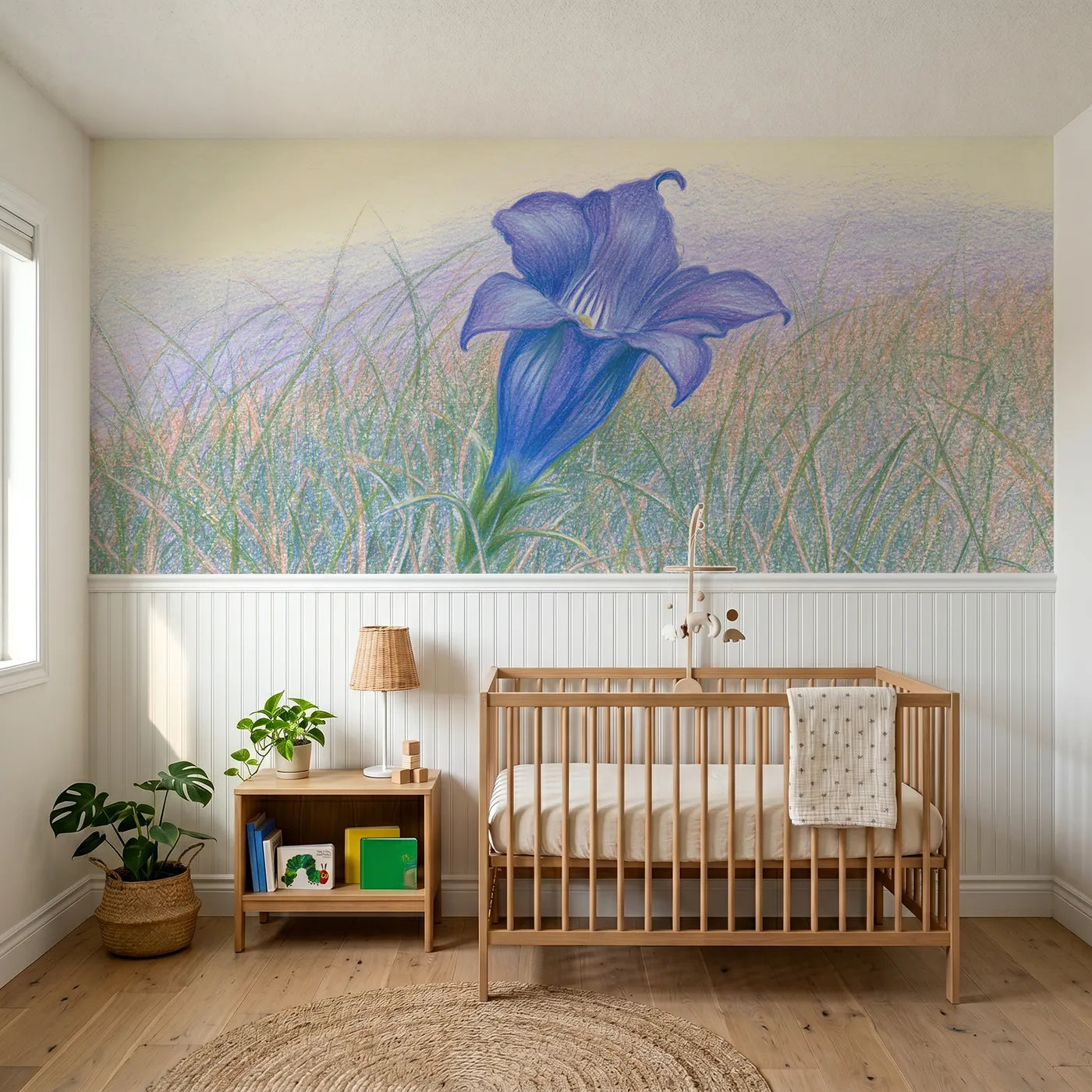 Colored pencil wainscoting wallpaper of the gentian trumpet by Whimsy Tots