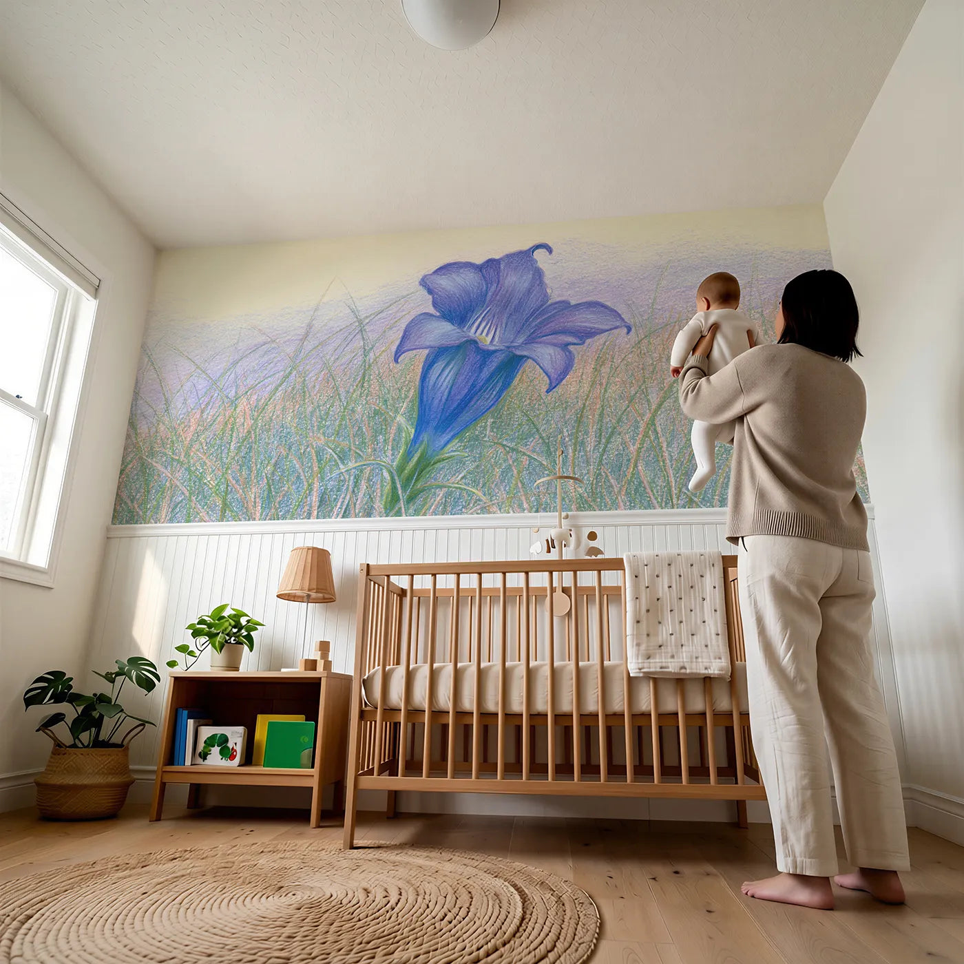 Child reading near The Gentian Trumpet Wainscoting Wallpaper by Whimsy Tots