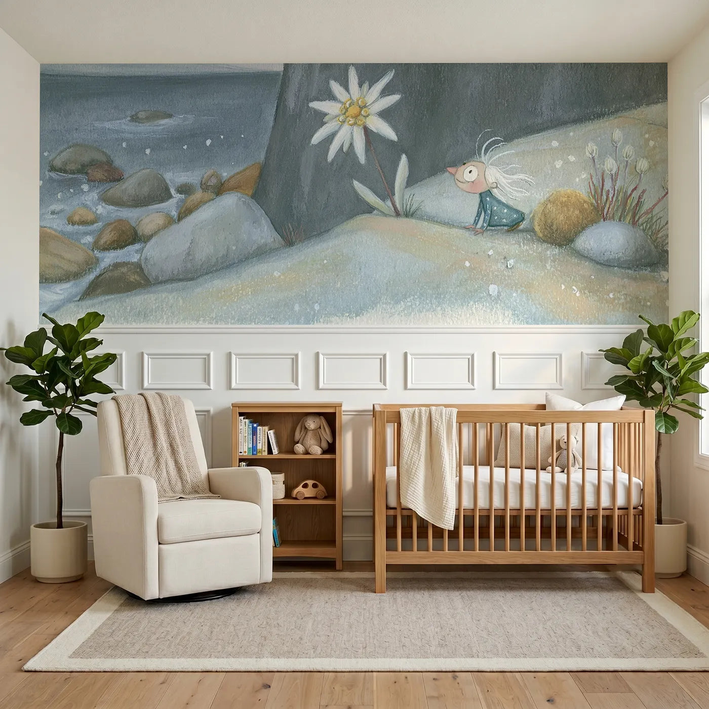 Colored pencil wainscoting wallpaper of edelweiss on the ledge by Whimsy Tots