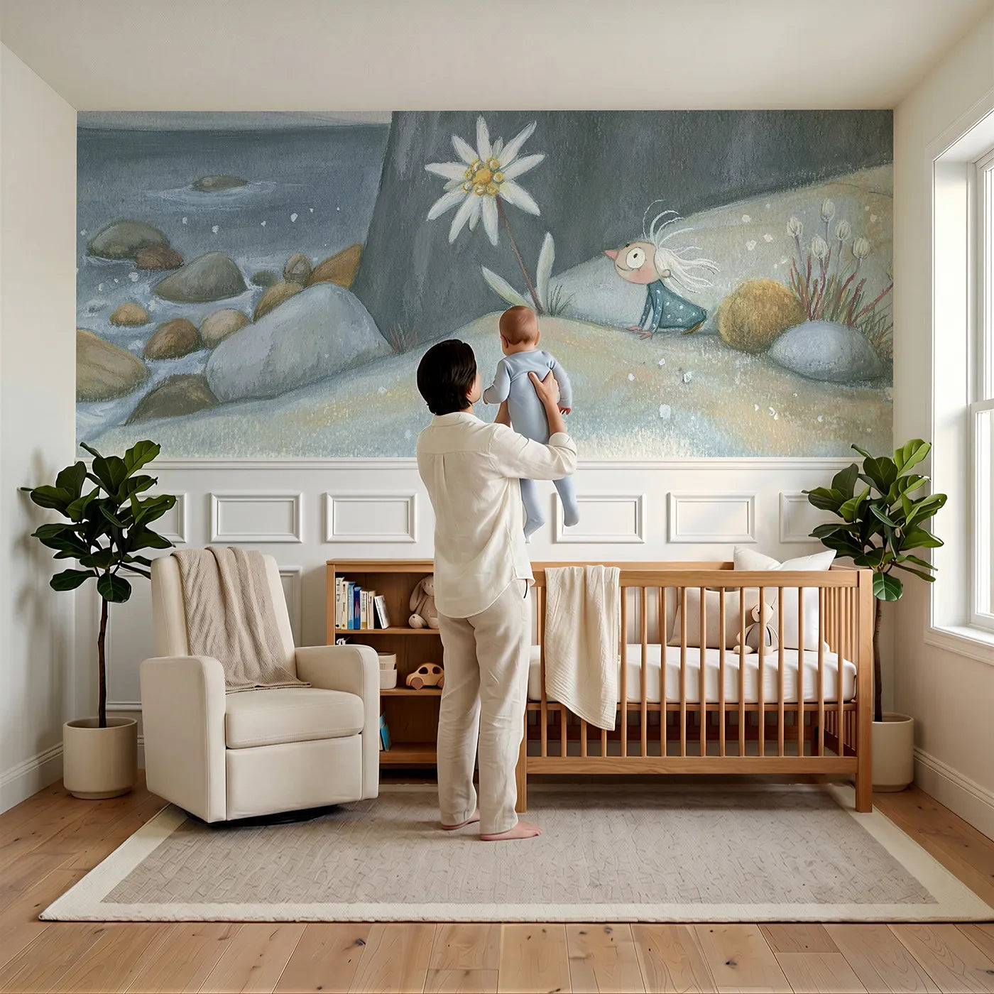 Child reading near Edelweiss On The Ledge Wainscoting Wallpaper by Whimsy Tots