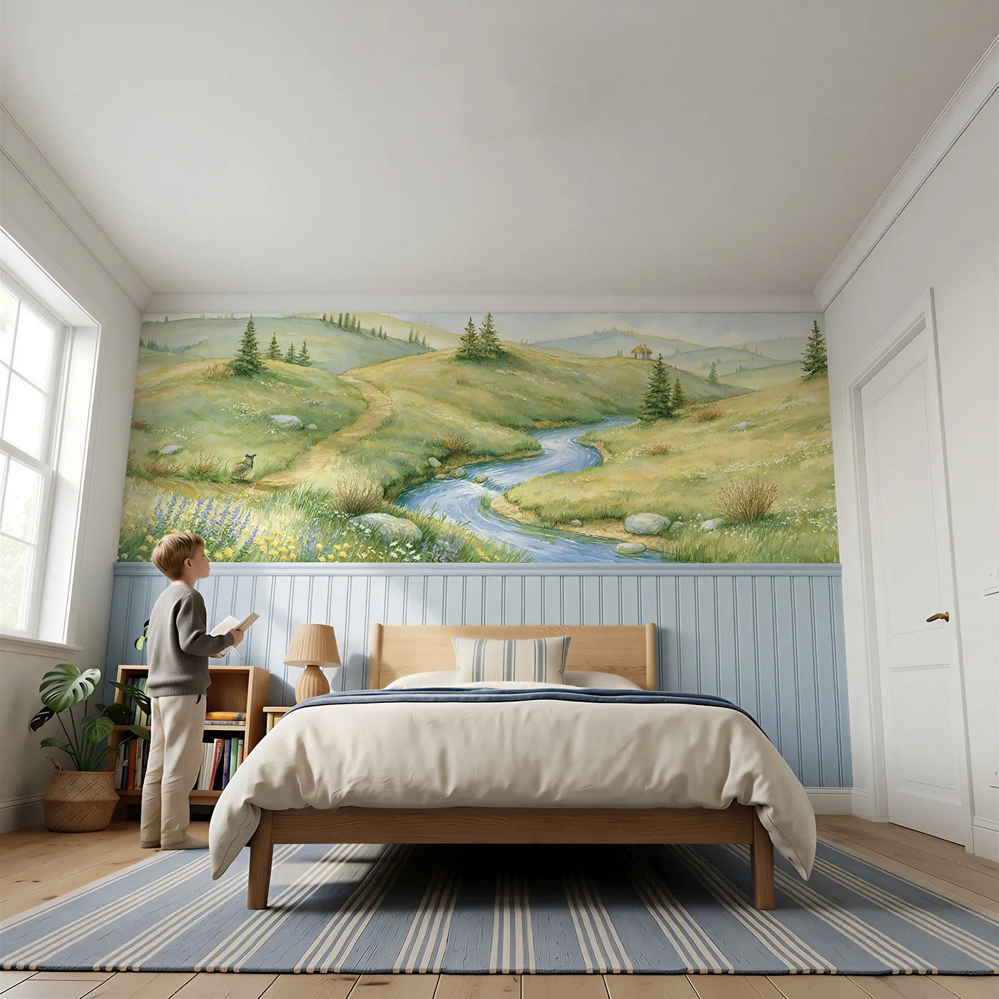 Child reading near Where The Waters Part Wainscoting Wallpaper by Whimsy Tots