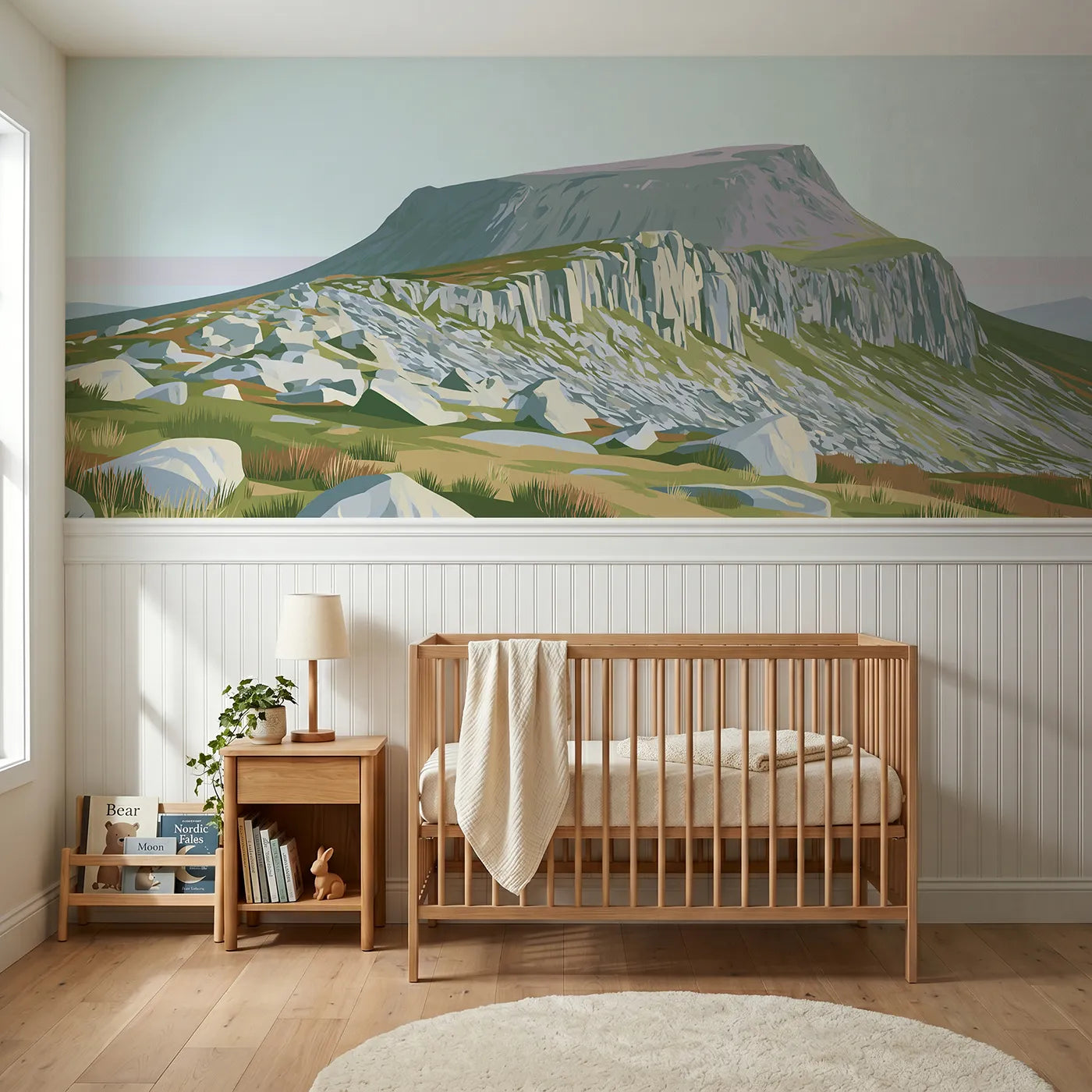 Modern illustration wainscoting wallpaper of bare rock and sky by Whimsy Tots
