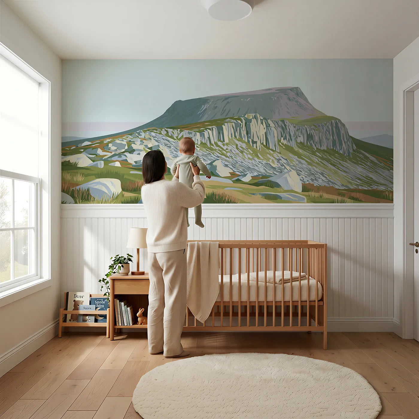 Child reading near Bare Rock And Sky Wainscoting Wallpaper by Whimsy Tots