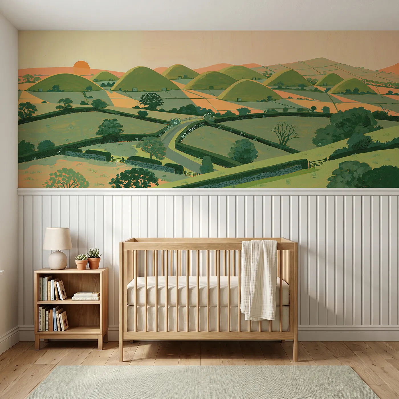 Modern illustration wainscoting wallpaper of the drumlin flock by Whimsy Tots