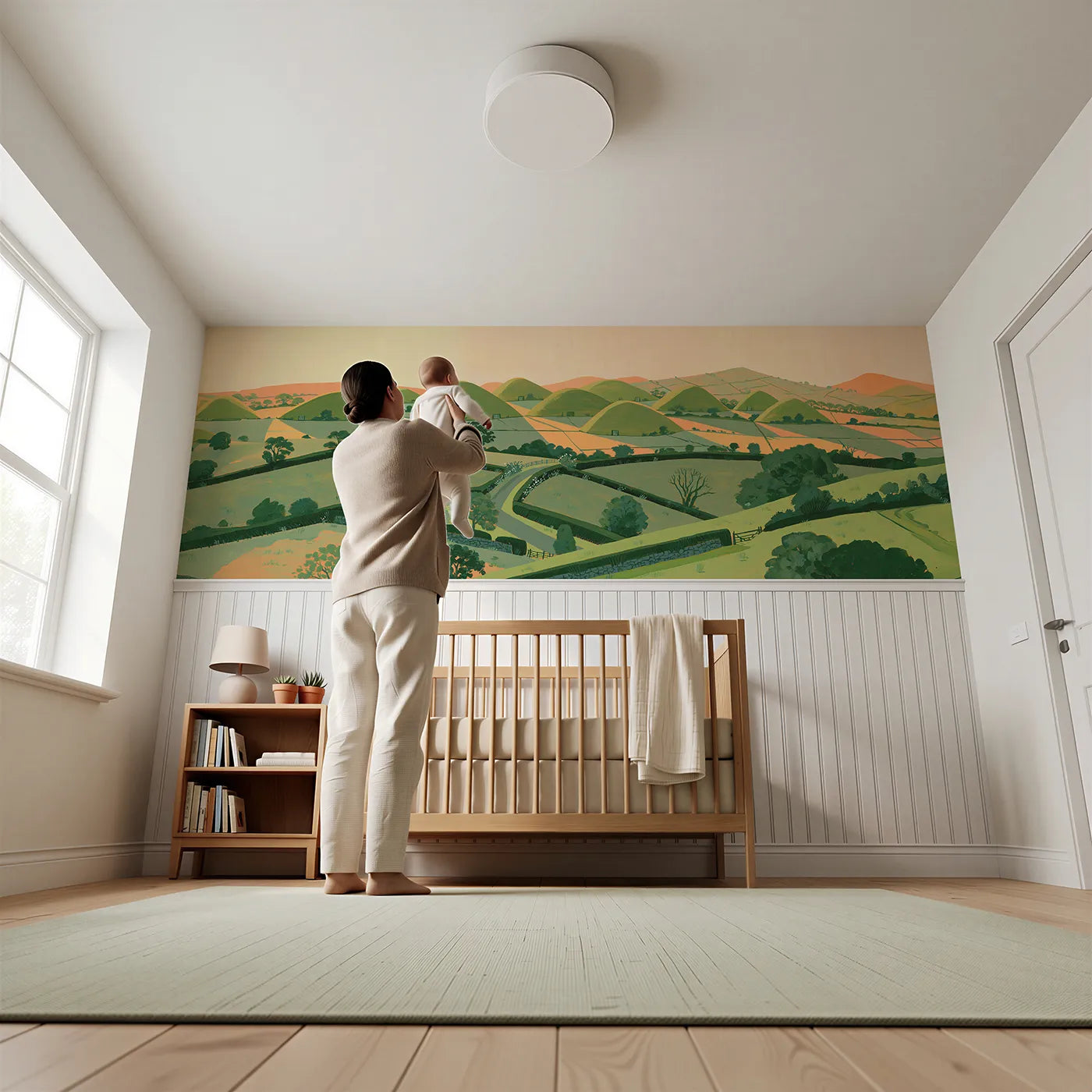 Child reading near The Drumlin Flock Wainscoting Wallpaper by Whimsy Tots