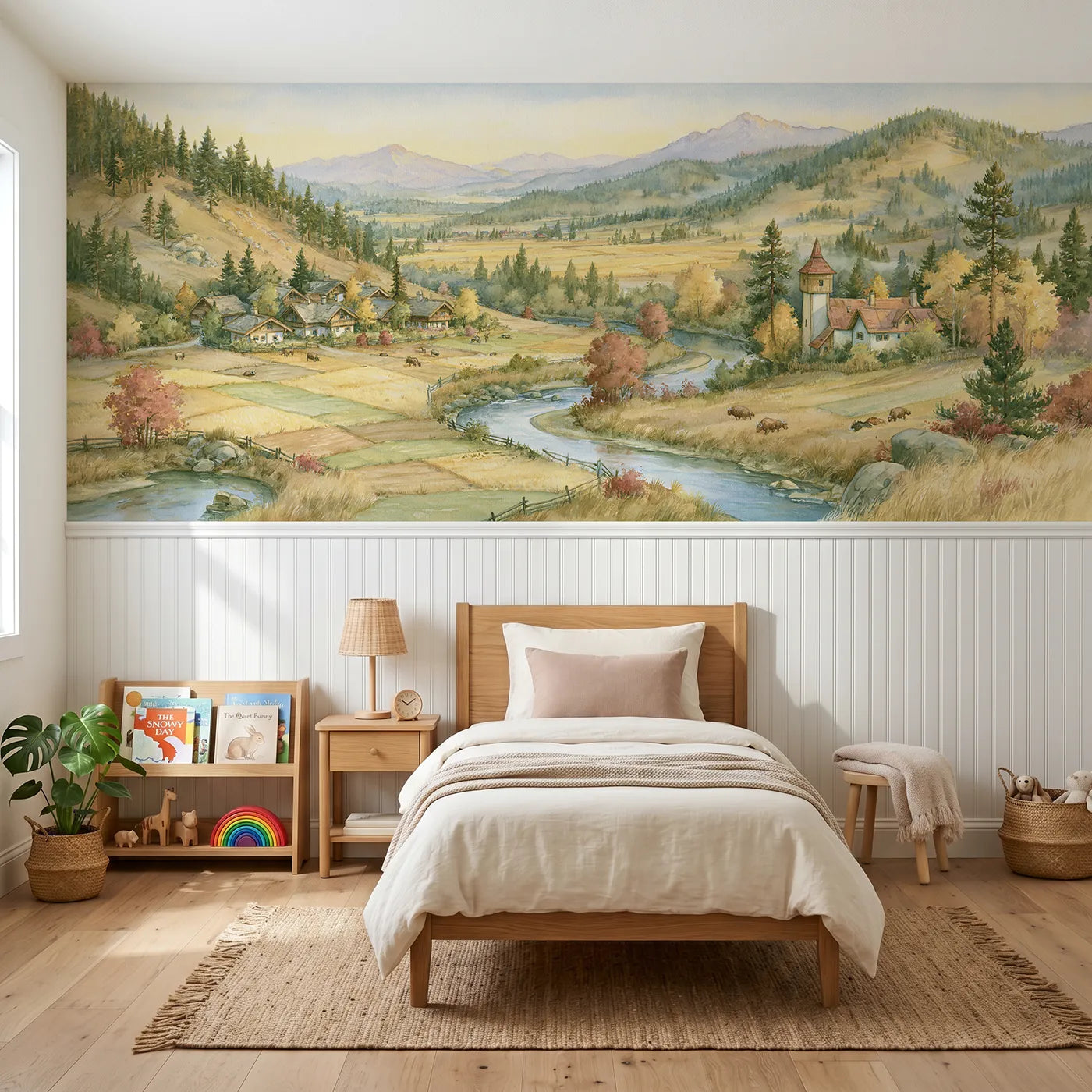 Storybook wainscoting wallpaper of golden valley sunrise by Whimsy Tots
