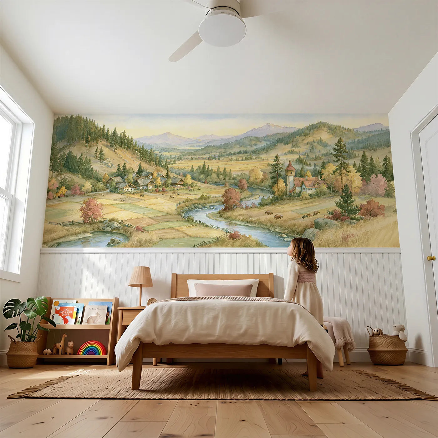 Child reading near Golden Valley Sunrise Wainscoting Wallpaper by Whimsy Tots