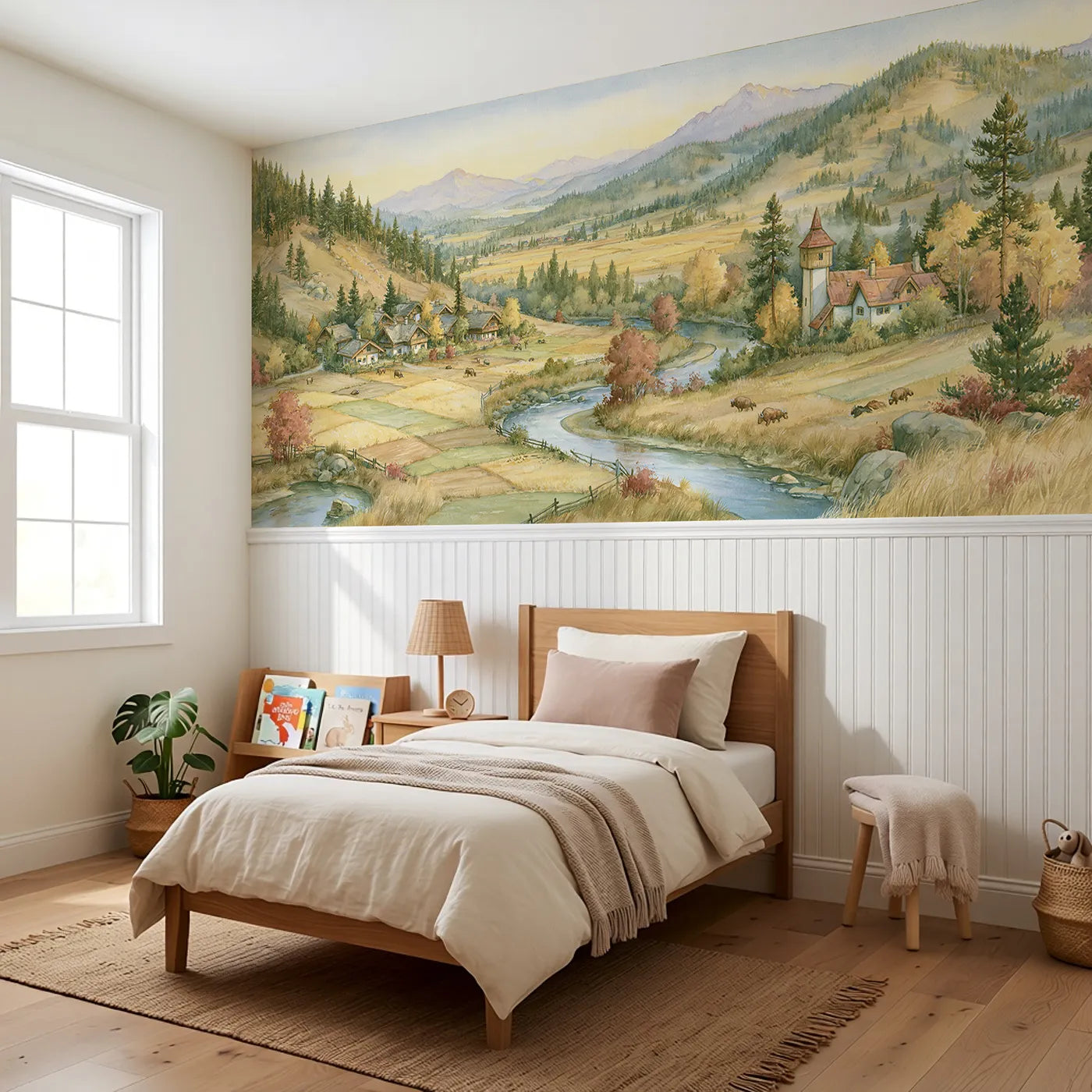 Golden Valley Sunrise Wainscoting Wallpaper styled in a kids room by Whimsy Tots