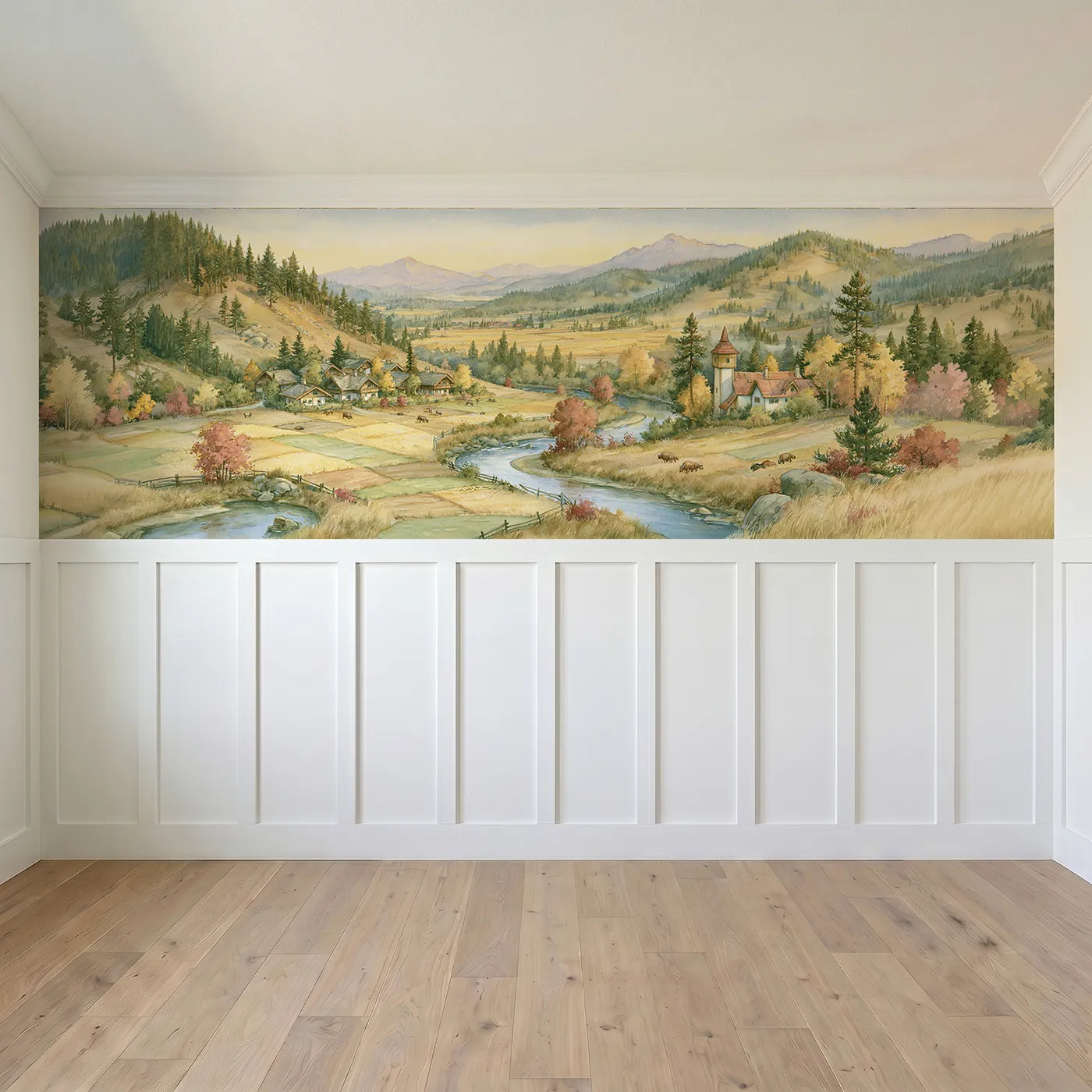 Full panel view of Golden Valley Sunrise Wainscoting Wallpaper by Whimsy Tots