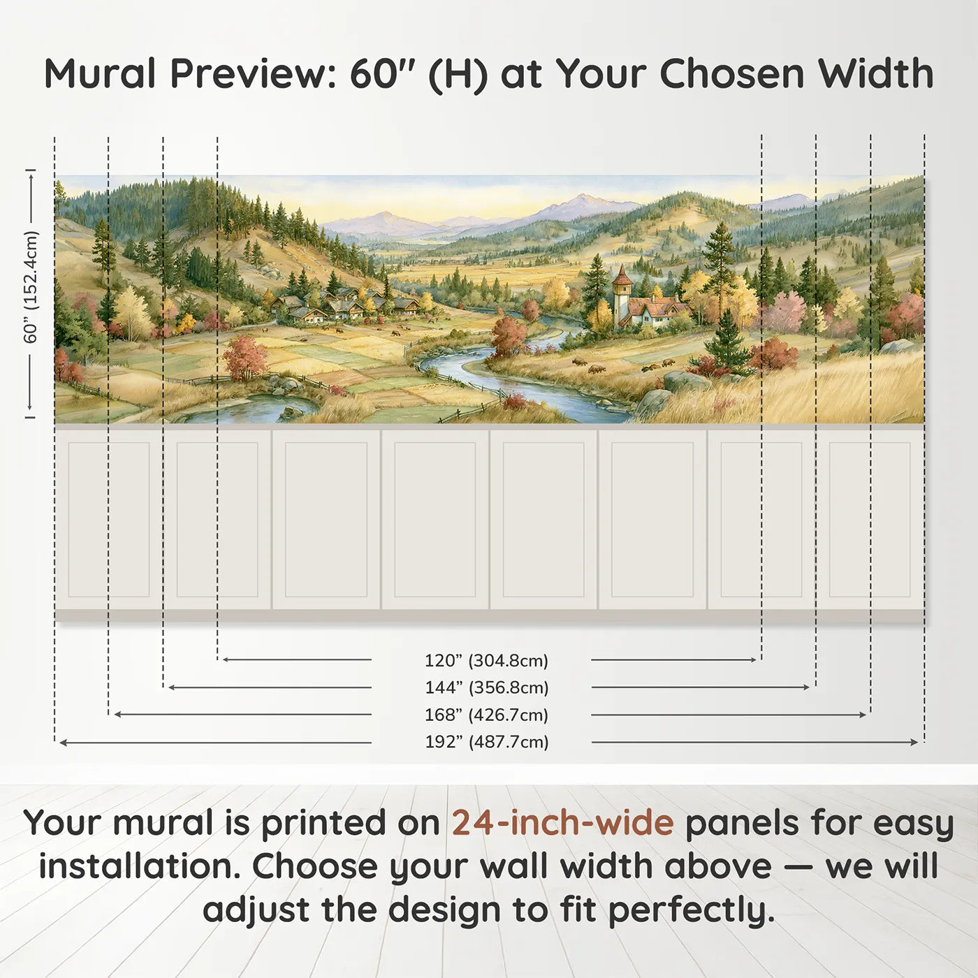 Panel dimensions for Golden Valley Sunrise Wainscoting Wallpaper by Whimsy Tots