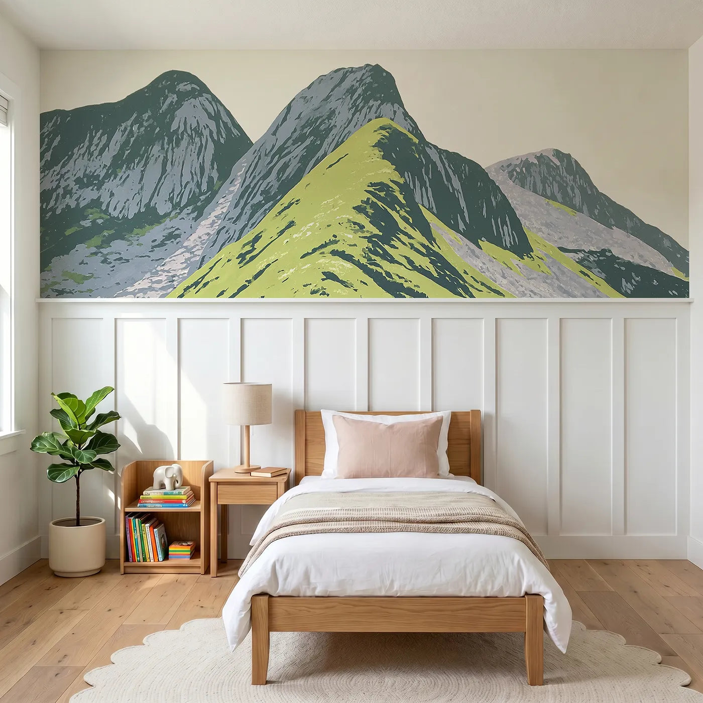 Block print wainscoting wallpaper of the green tongue by Whimsy Tots