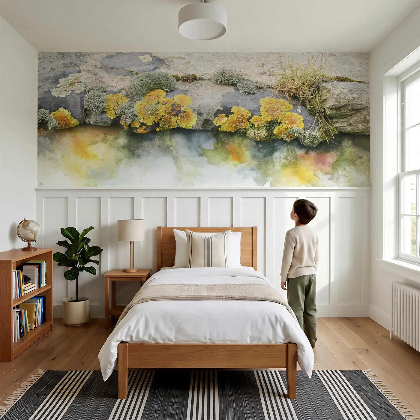 Child reading near The Lichen Map Wainscoting Wallpaper by Whimsy Tots