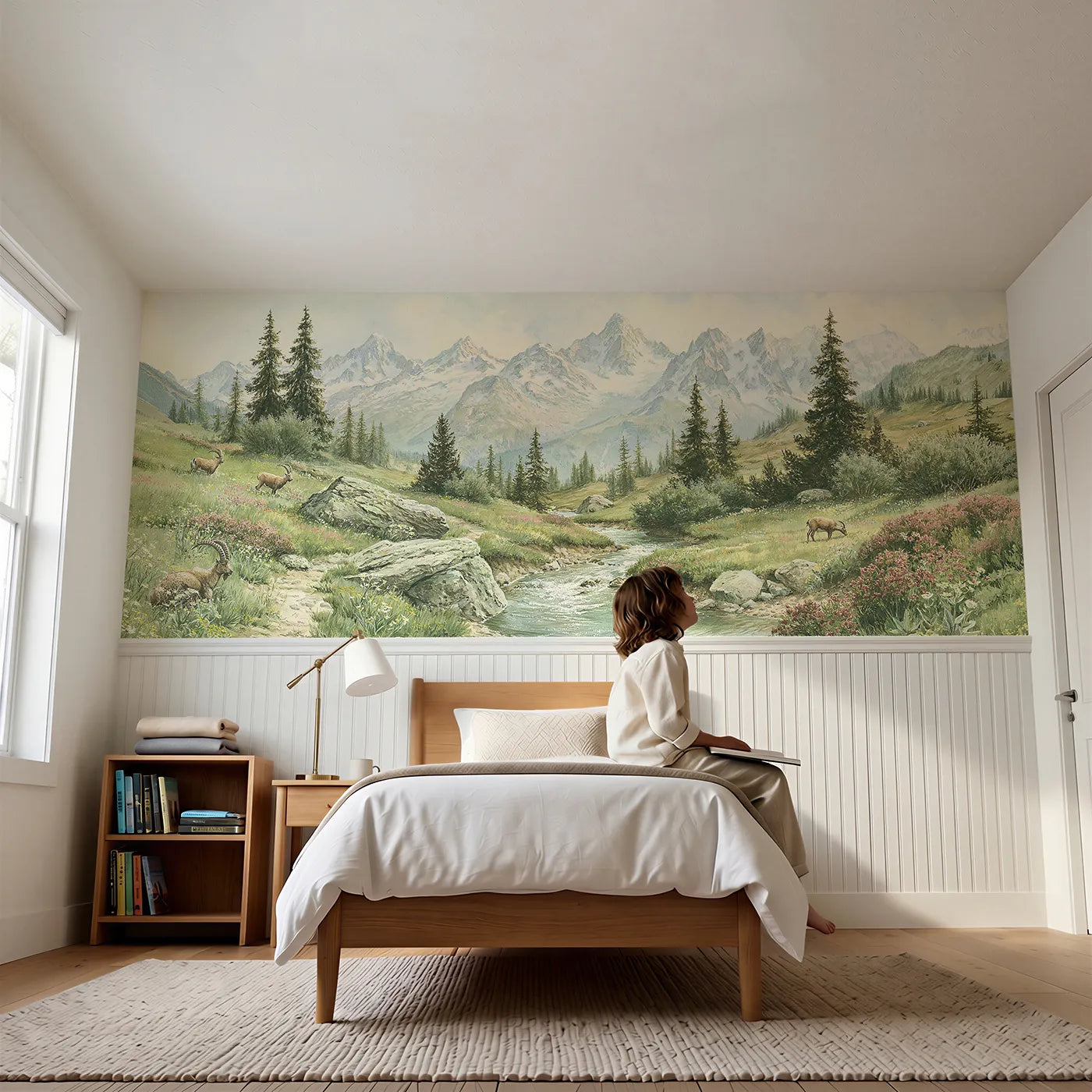 Child reading near The Snowy Range Wainscoting Wallpaper by Whimsy Tots