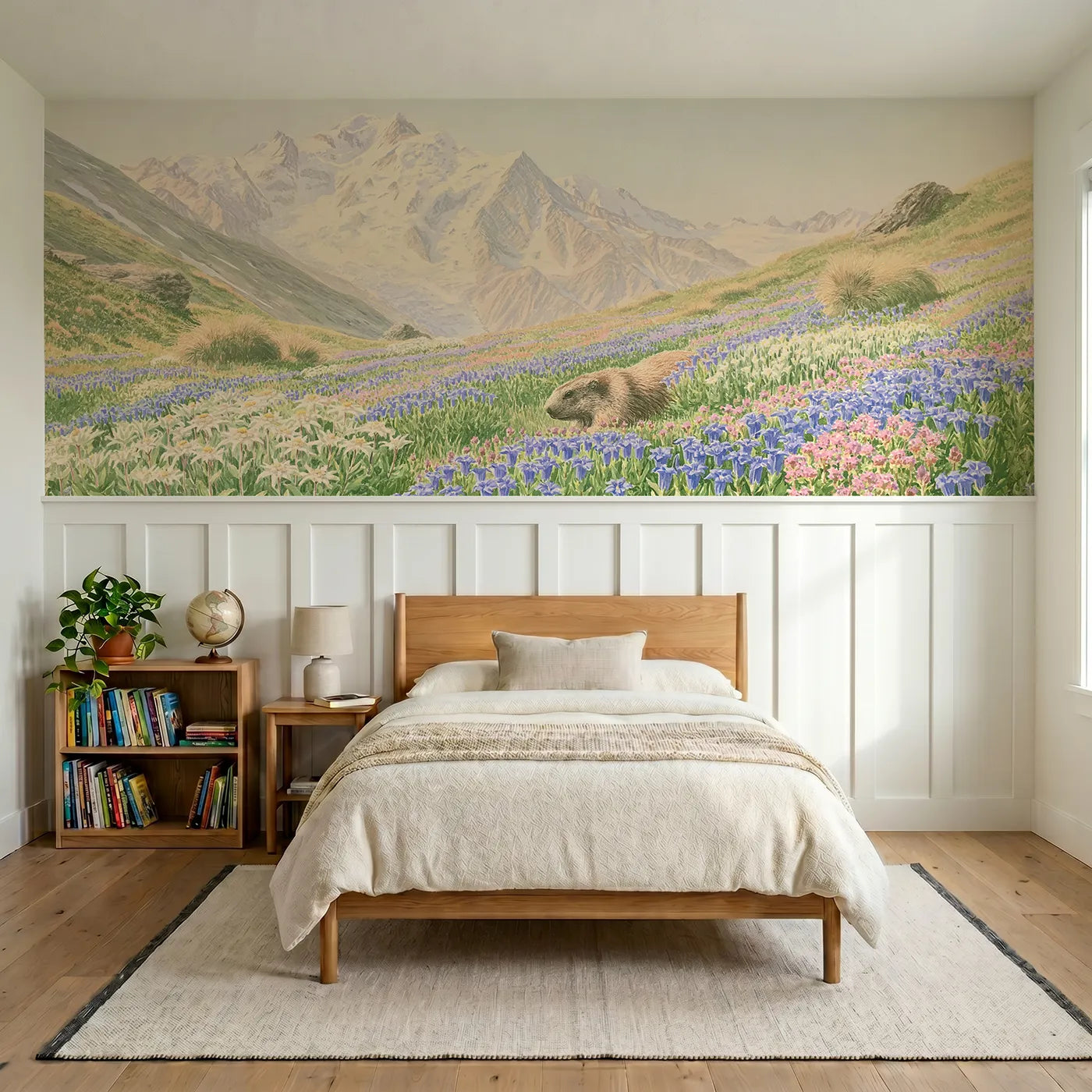 Colored pencil wainscoting wallpaper of the alpine flower meadow by Whimsy Tots