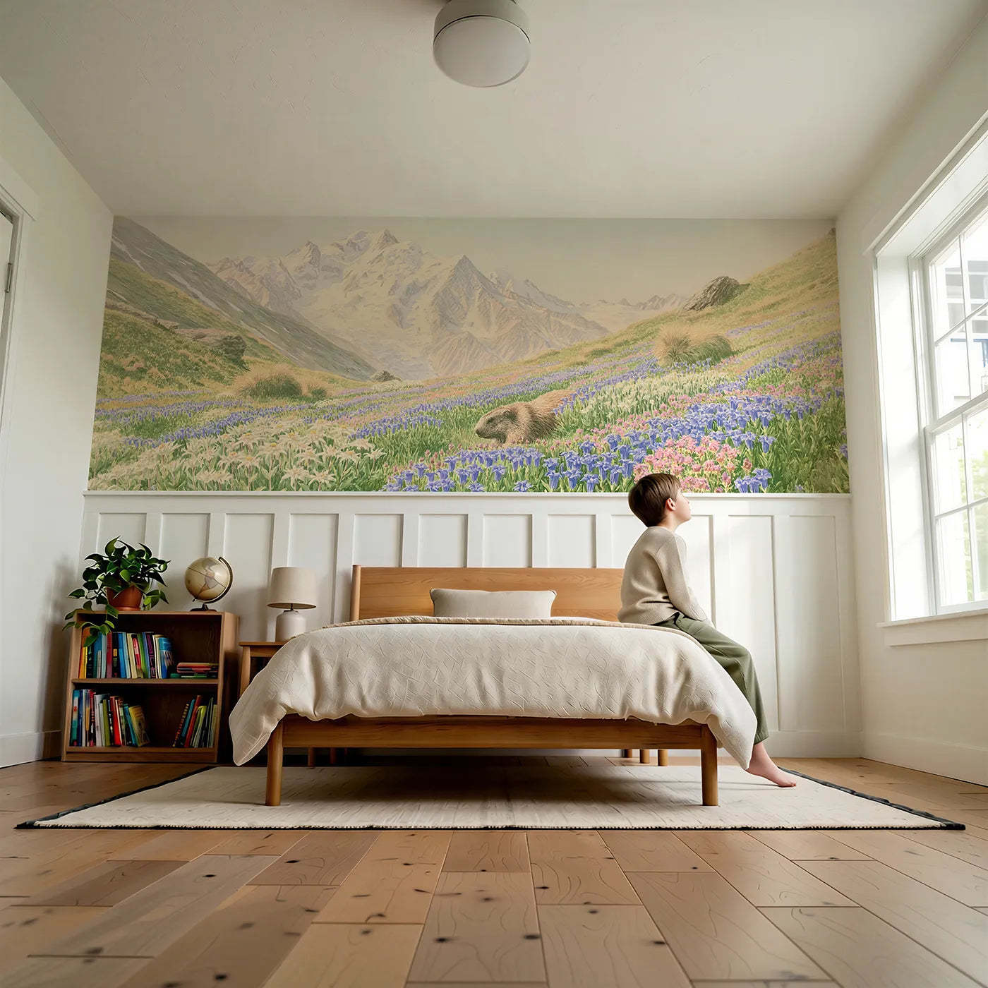 Child reading near The Alpine Flower Meadow Wainscoting Wallpaper by Whimsy Tots